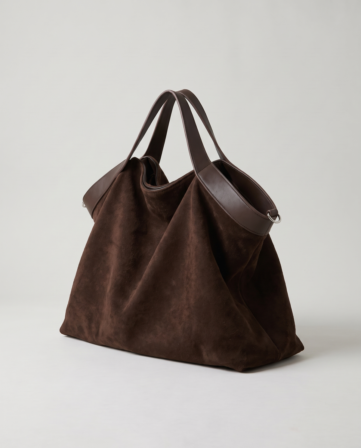 Forte suede tote in chocolate, three-quarter view