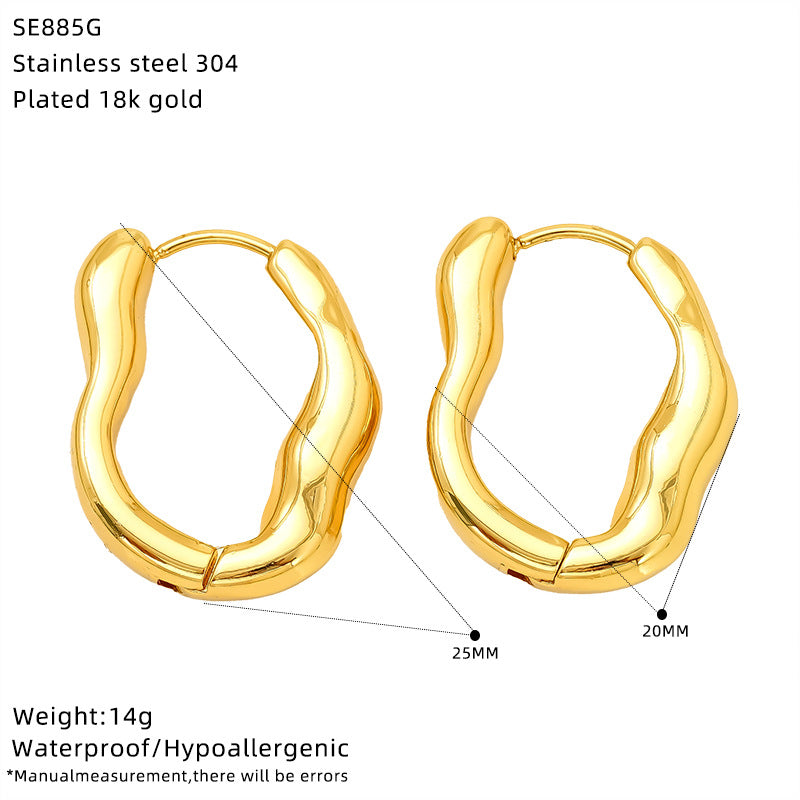Pair of golden irregular hoop earrings with measurement diagram and weight details on white background