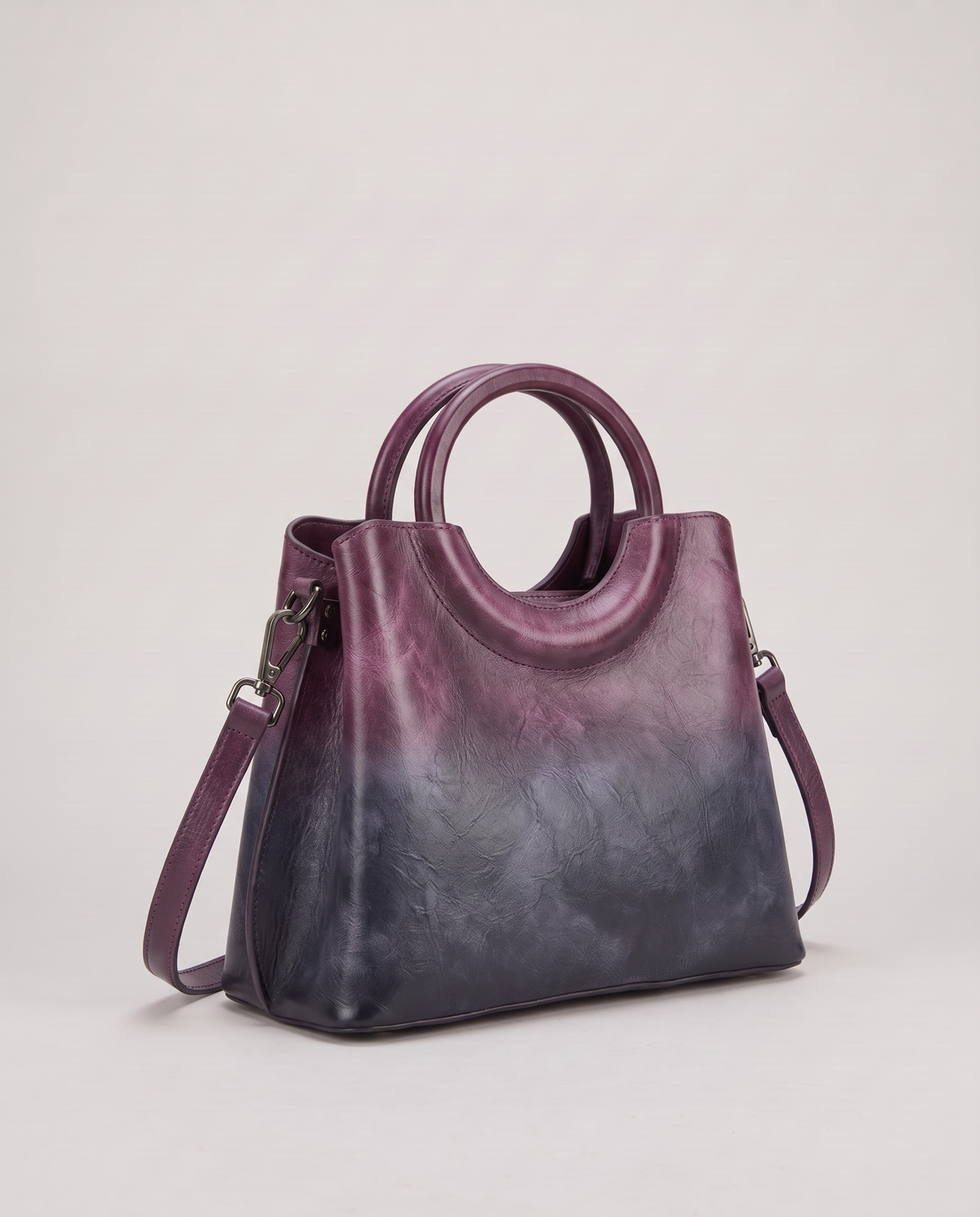 Ombra hand-painted ombré leather bag in Purple – three-quarter view