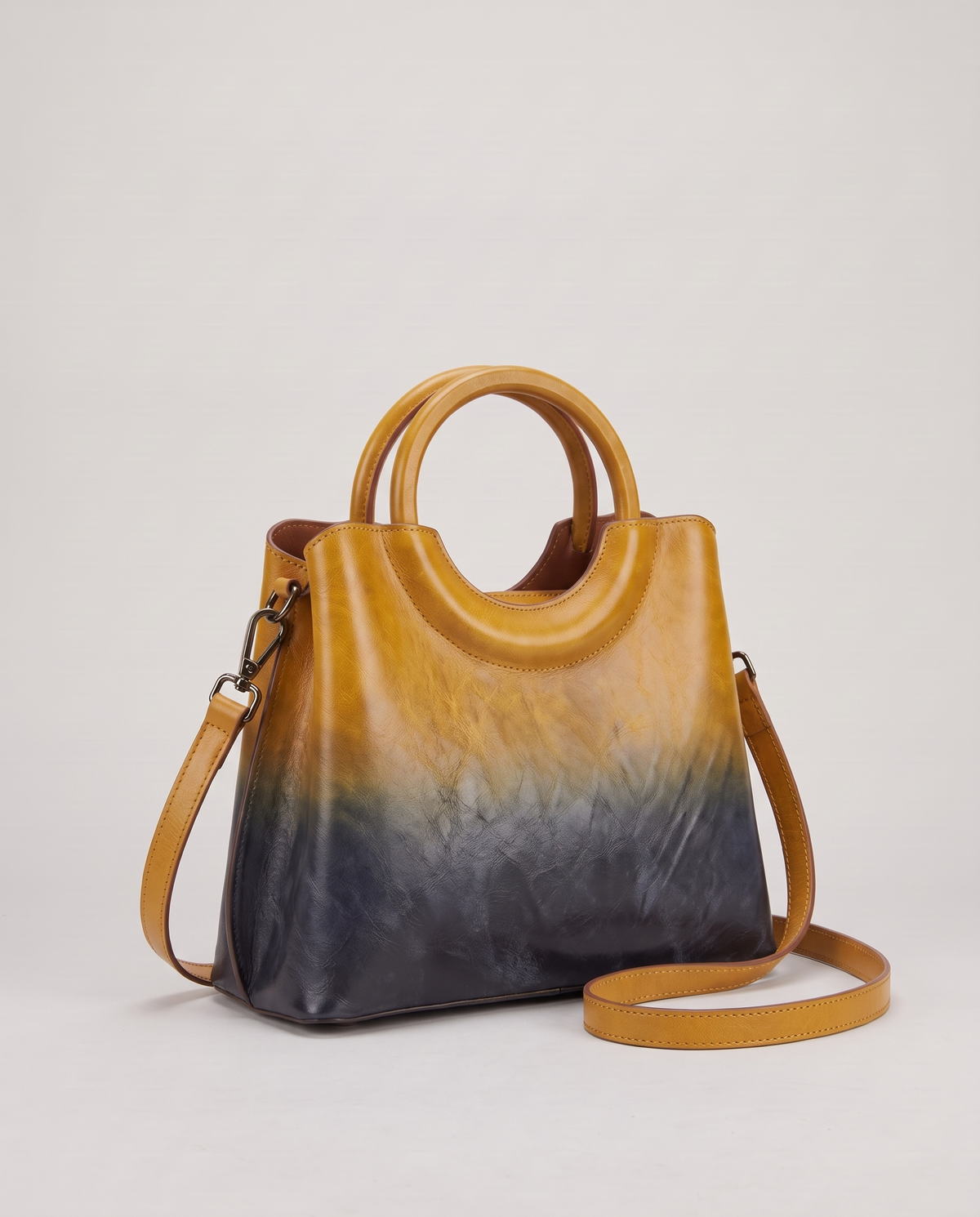 Ombra hand-painted ombré leather bag in Yellow – three-quarter view
