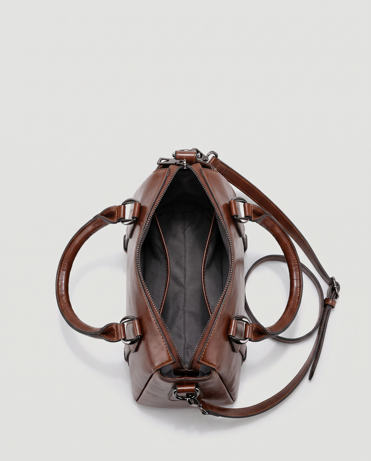 Harlow leather handbag in Coffee – view from above with the zip open, showing the lined interior