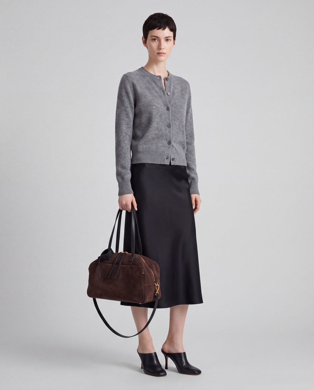 Haven bag in Chocolate – worn by model, full length