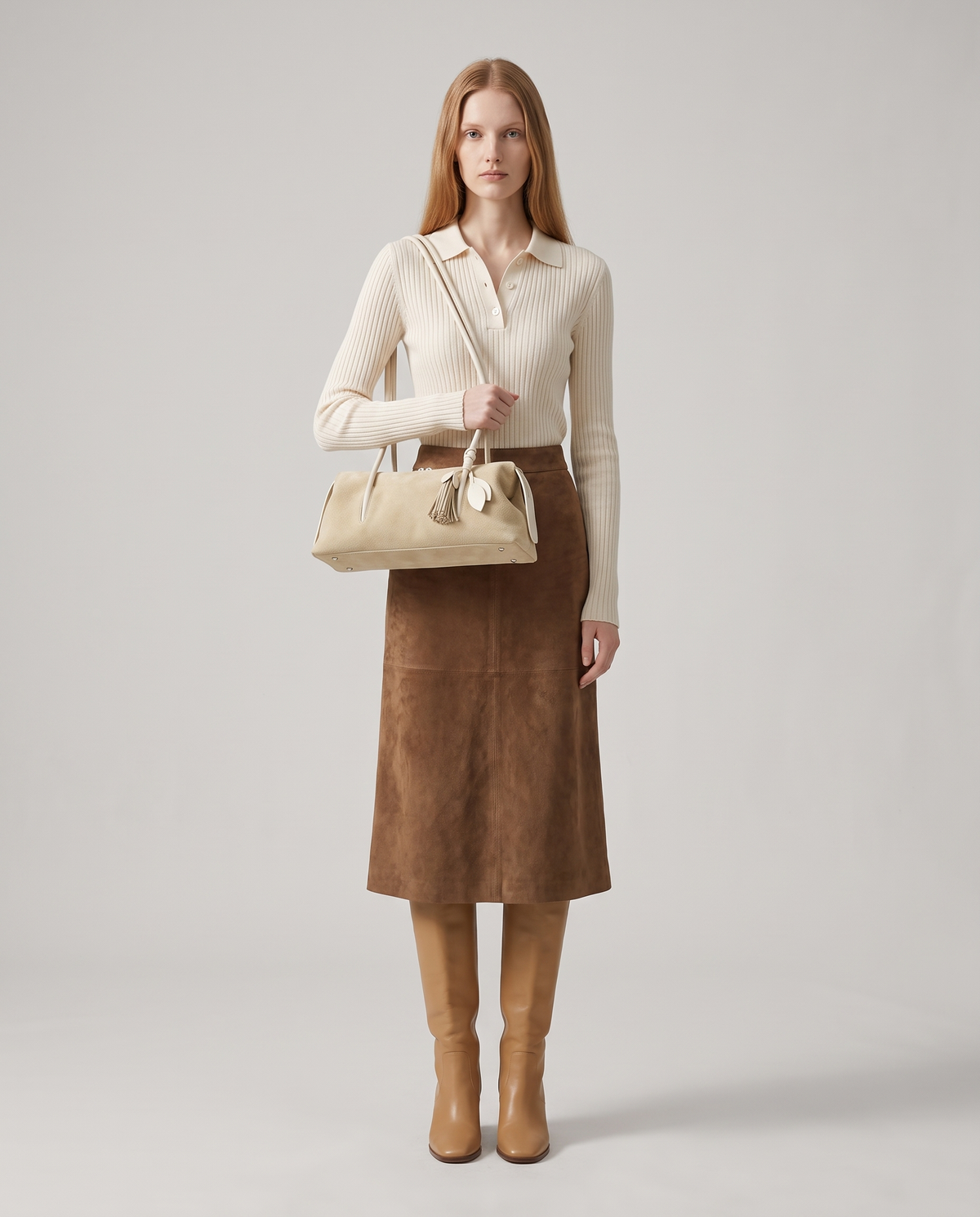 Isola suede shoulder bag in Beige – model wearing it on her shoulder, full length