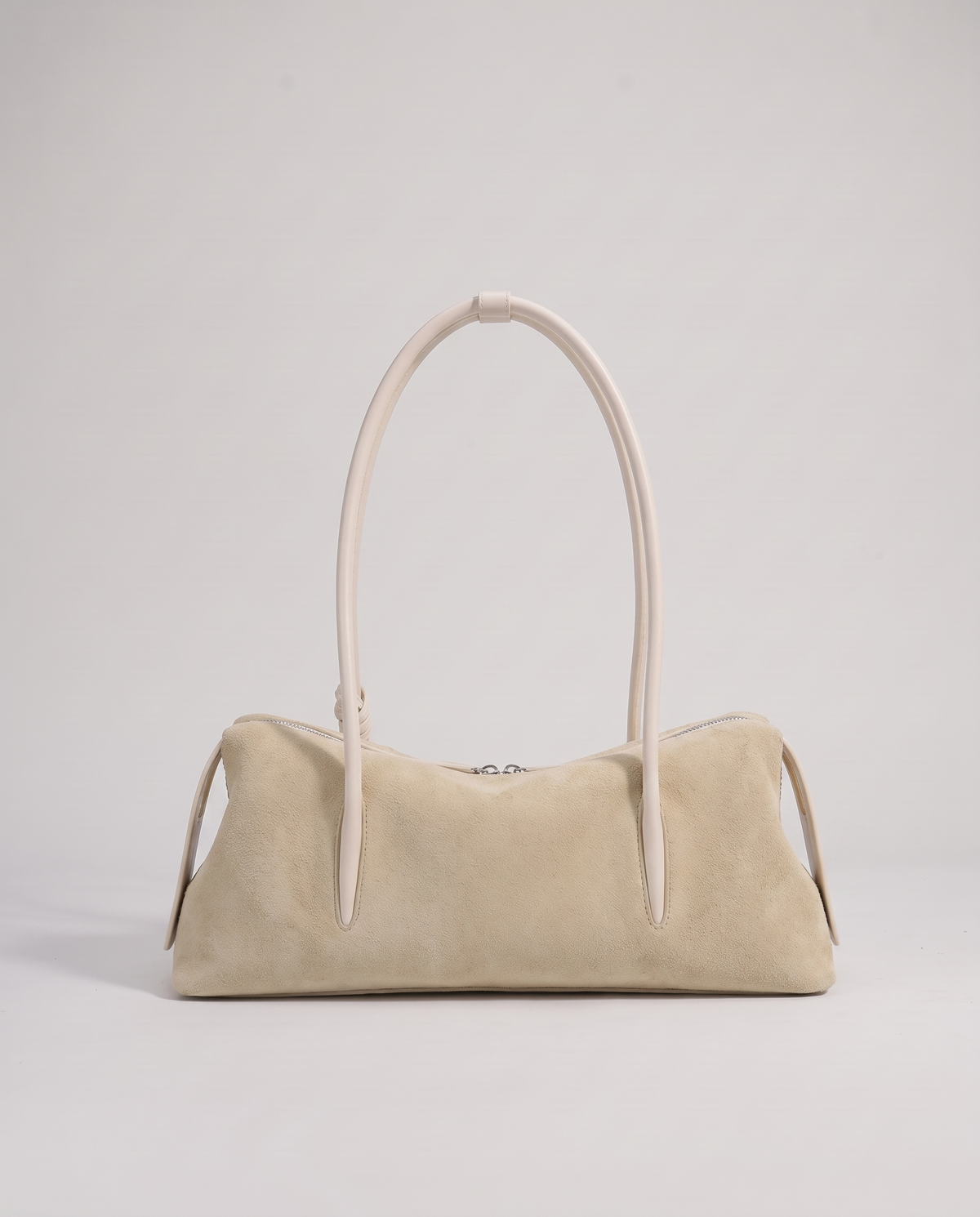 Isola suede shoulder bag in beige, back view