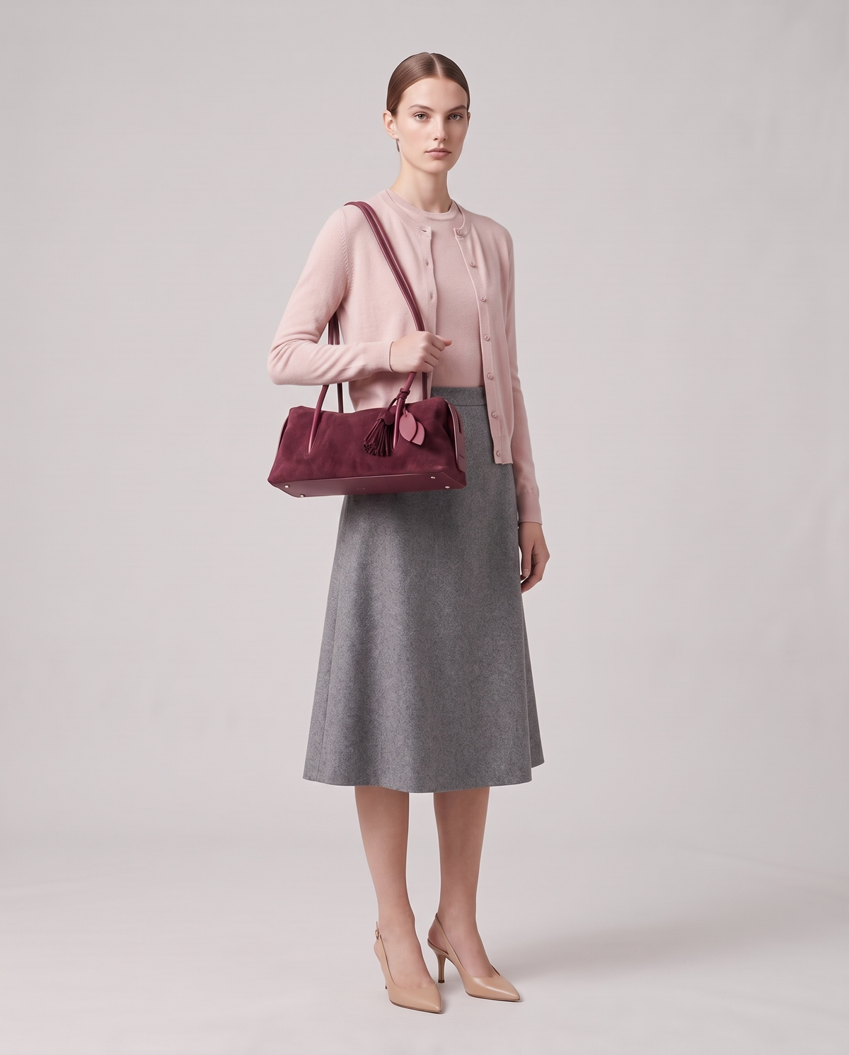 Model carrying the Isola suede shoulder bag in burgundy, full length