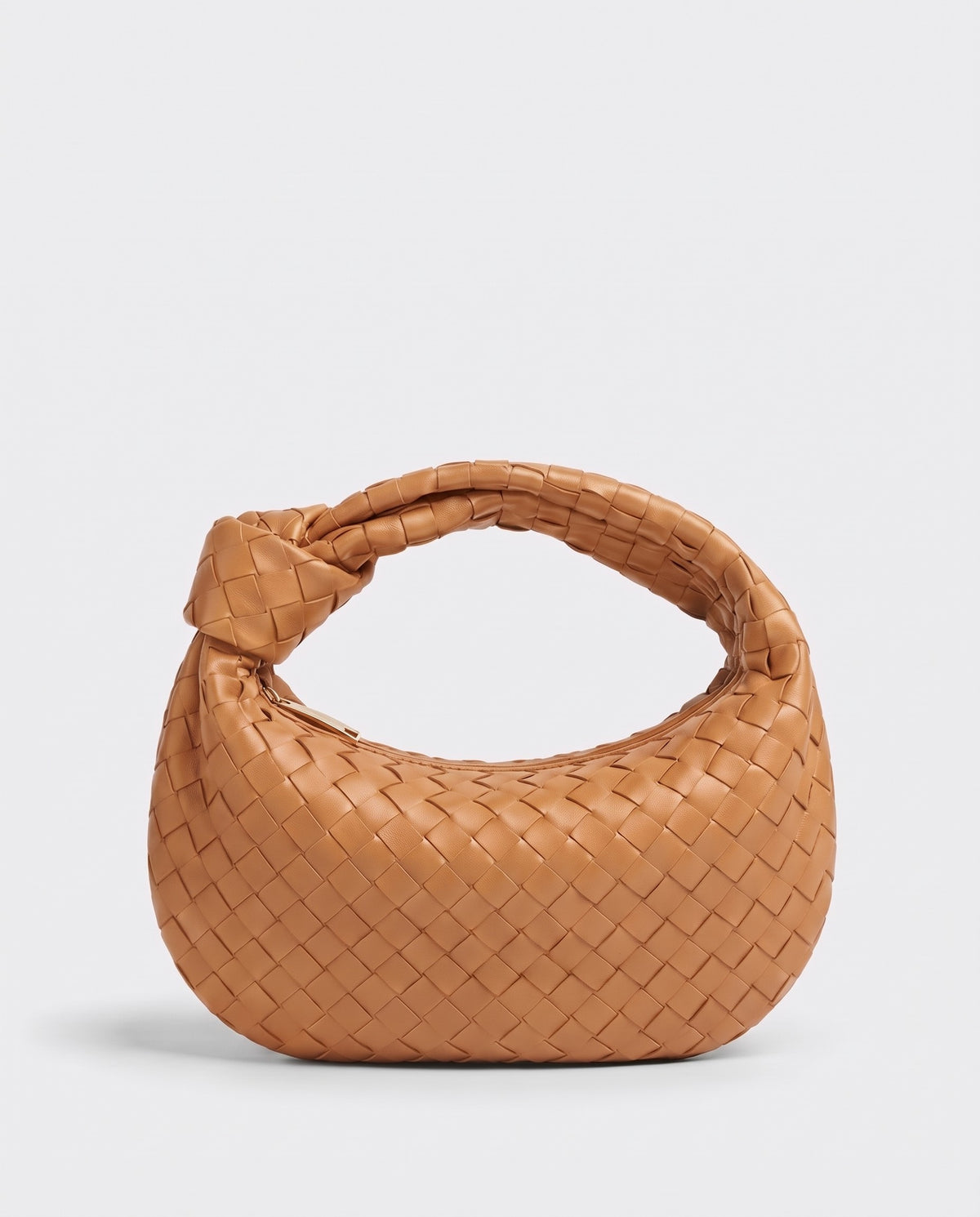 Knot Midi woven leather bag in Caramel – three-quarter view