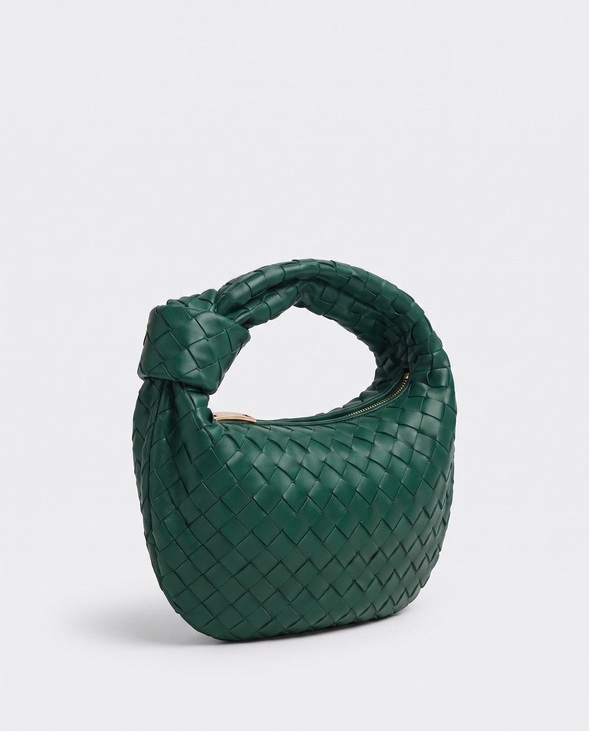 Knot Mini woven leather bag in Emerald – three-quarter view