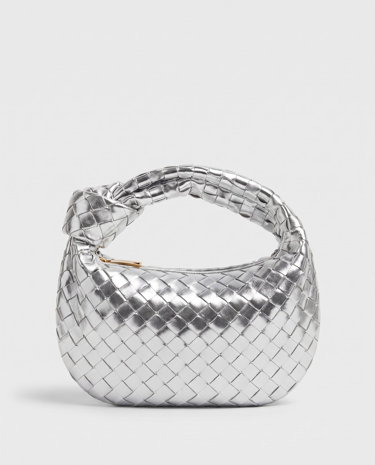 Knot Mini woven leather bag in Silver – front view