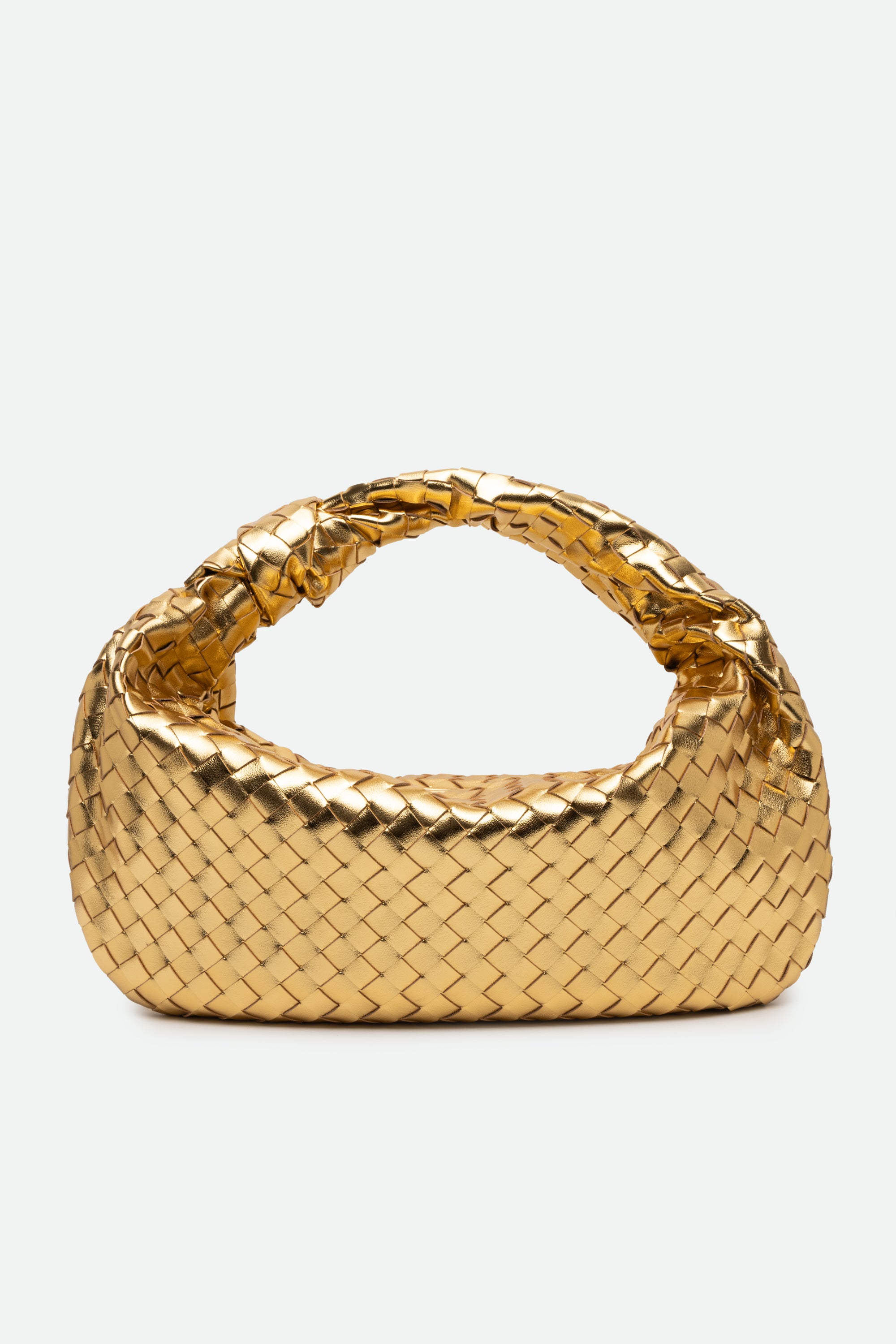 Large Knot Bag (Jodie) gold woven handbag with a knotted handle on a white background.