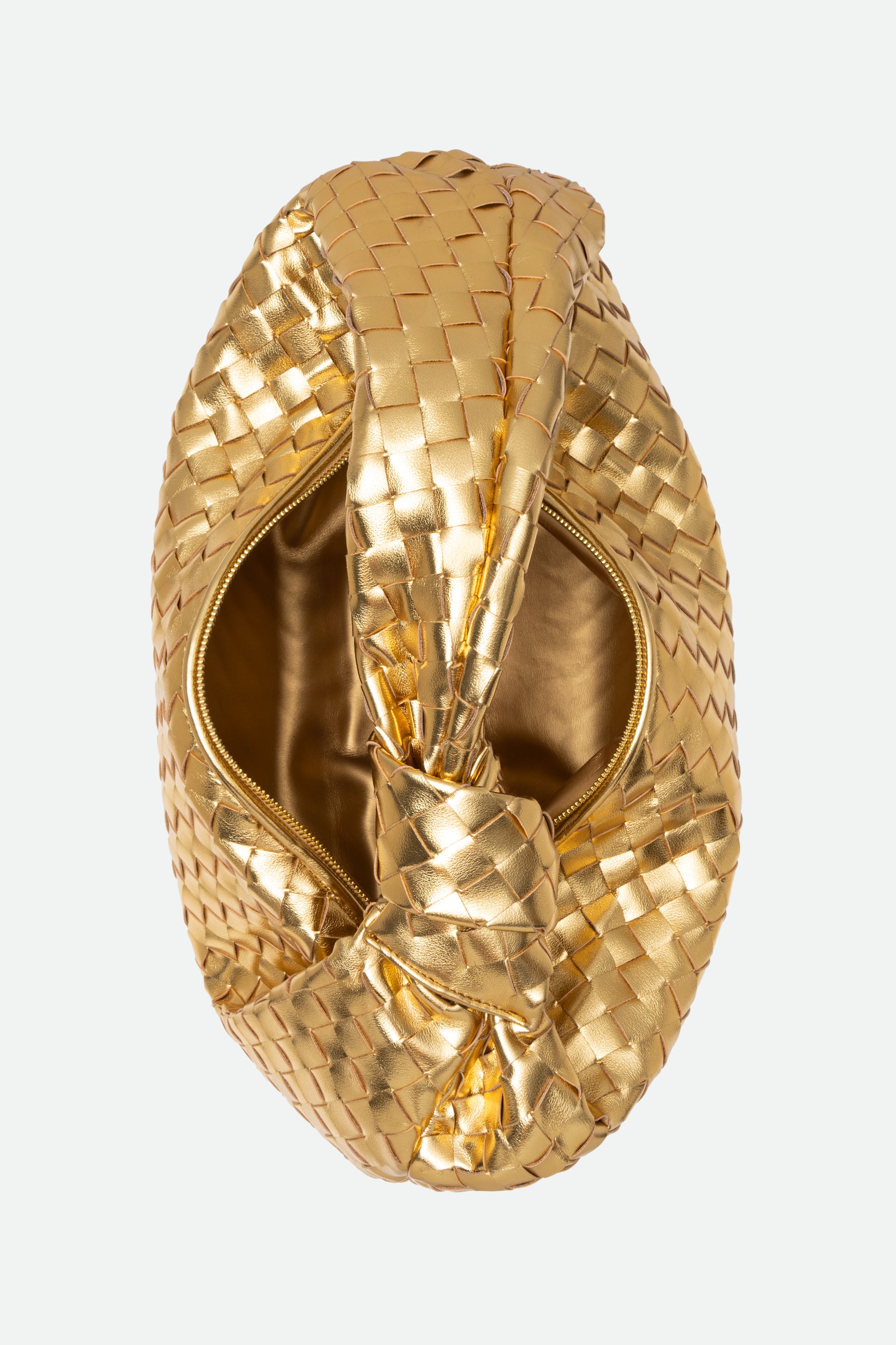 Top view of Large Knot Bag (Jodie) gold woven handbag showing the open interior.