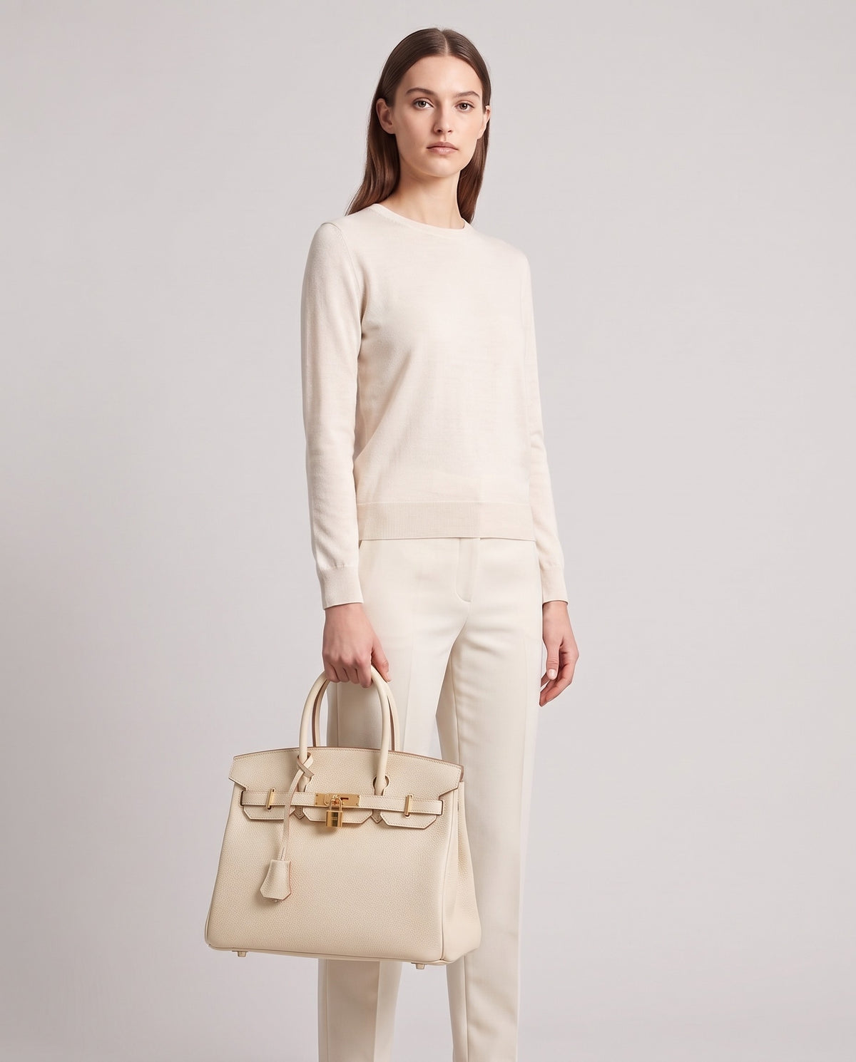 Lock Extra Large leather top-handle bag in Cream – model holding it, full length