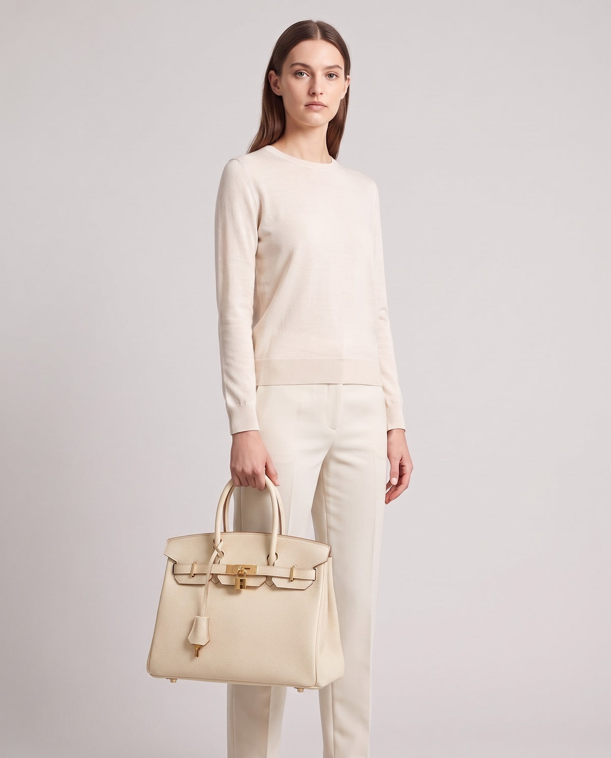 Lock Medium leather top-handle bag in Cream – model holding it, full length