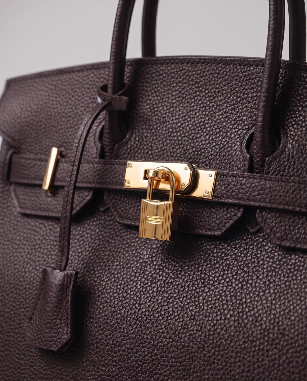Lock Small leather top-handle bag in Espresso – close-up of the gold turn-lock and padlock