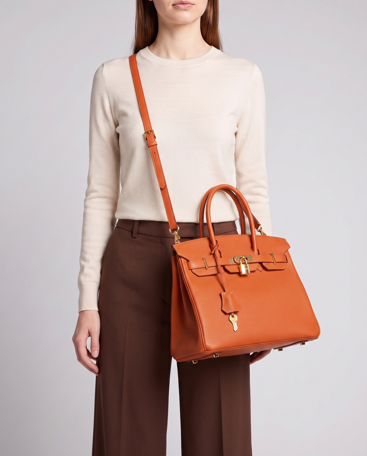 Lock Small leather top-handle bag in Terracotta – model wearing it crossbody on the detachable shoulder strap