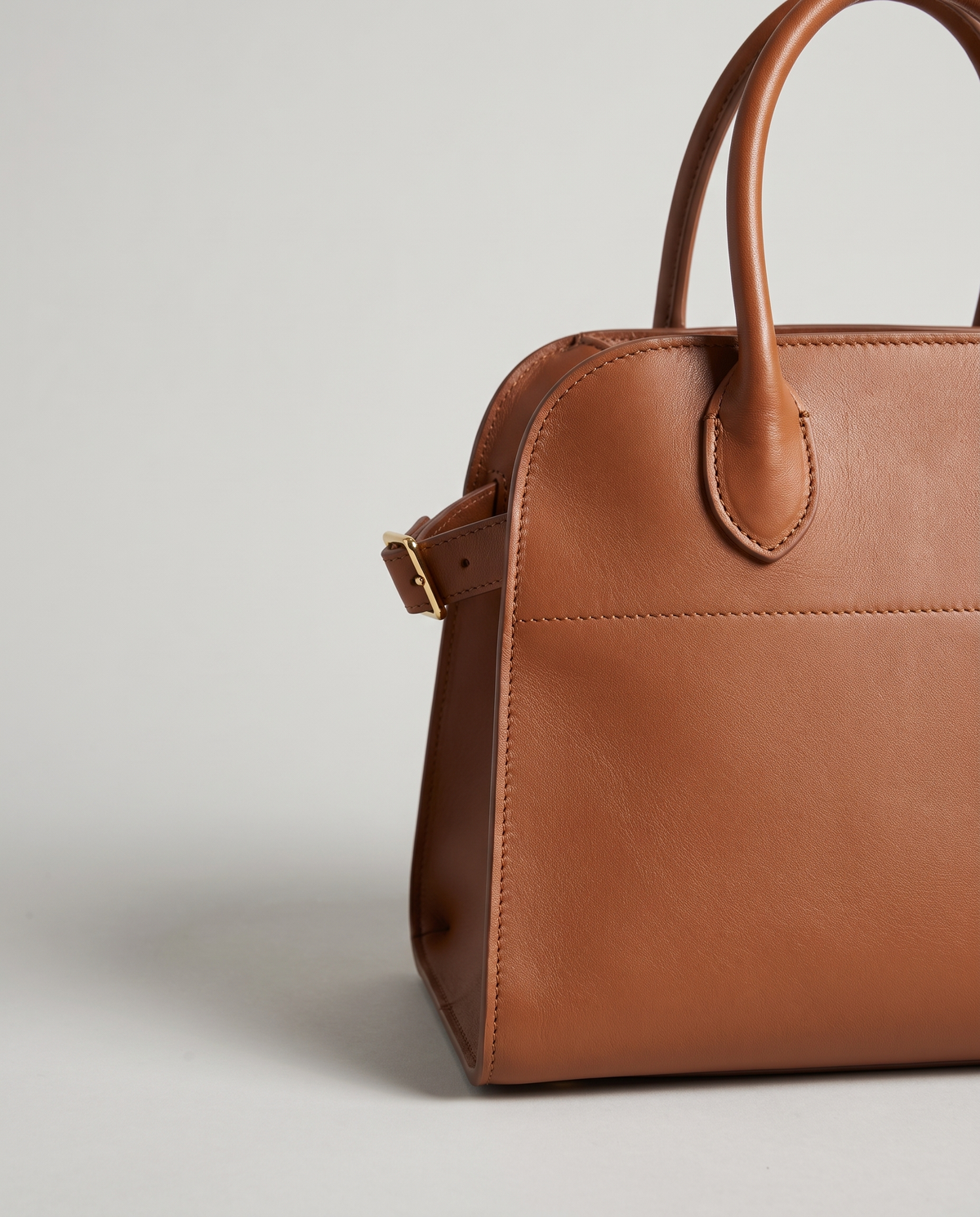 Milano Small top-handle bag in Brown – close-up of the handle and gold side buckle