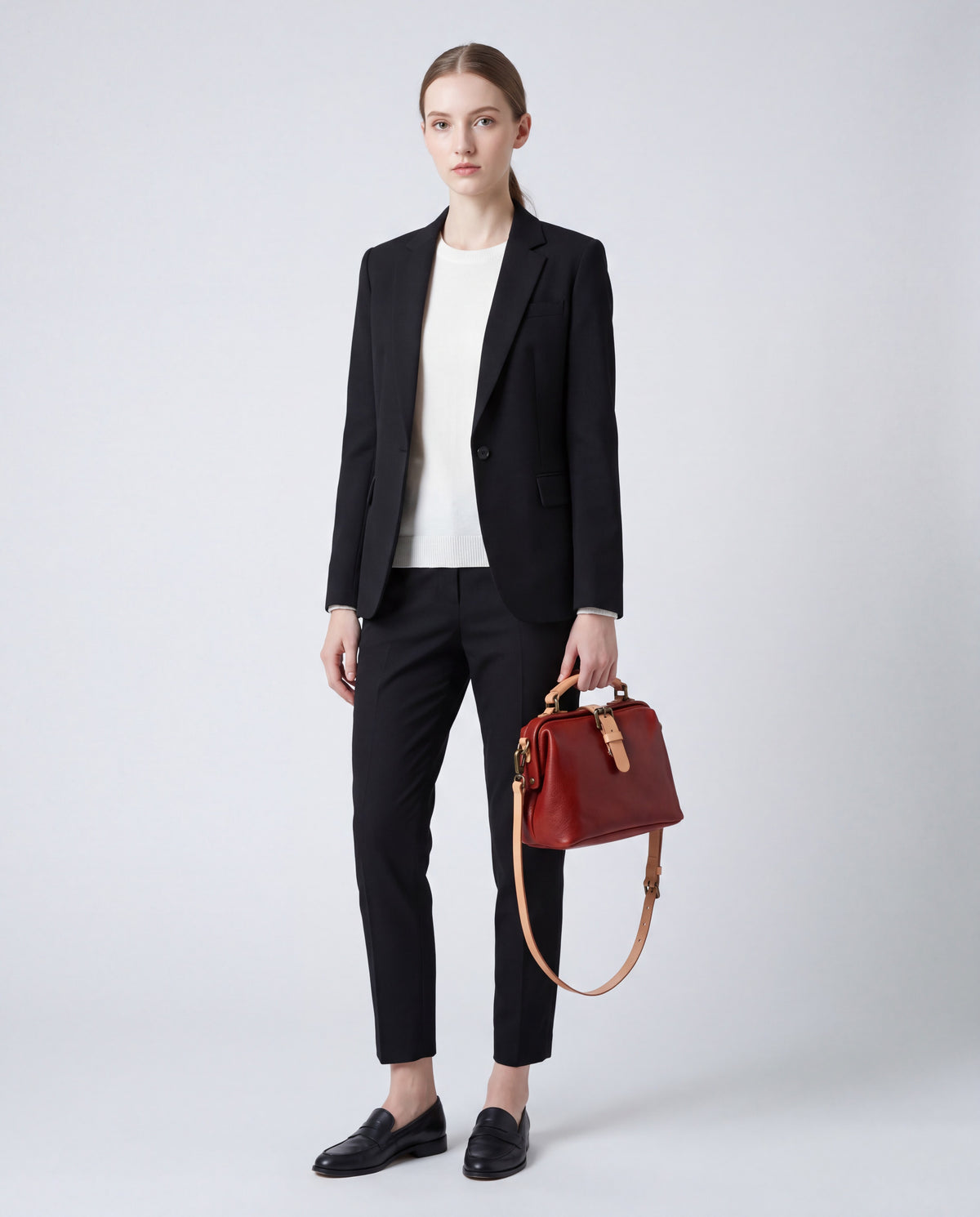 Mini Leather Bag bag in Red – worn by model, full length