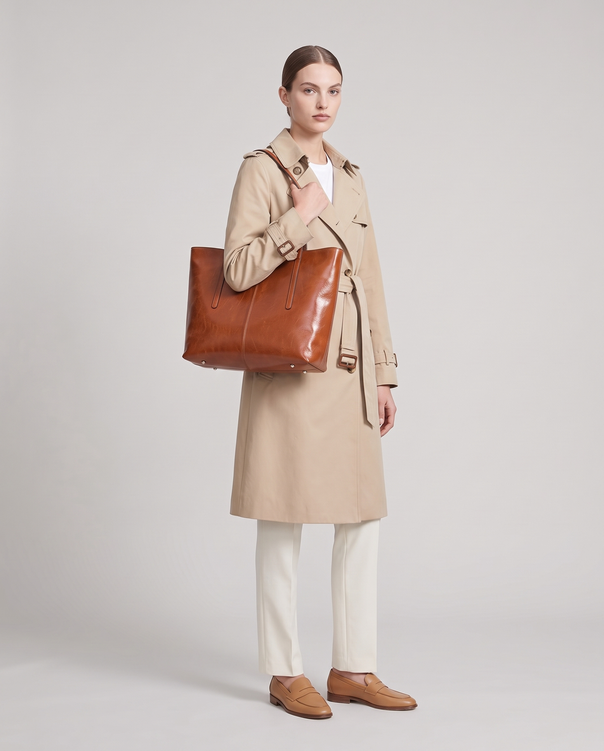 Model carrying the Molo leather tote in cognac on her shoulder, full length