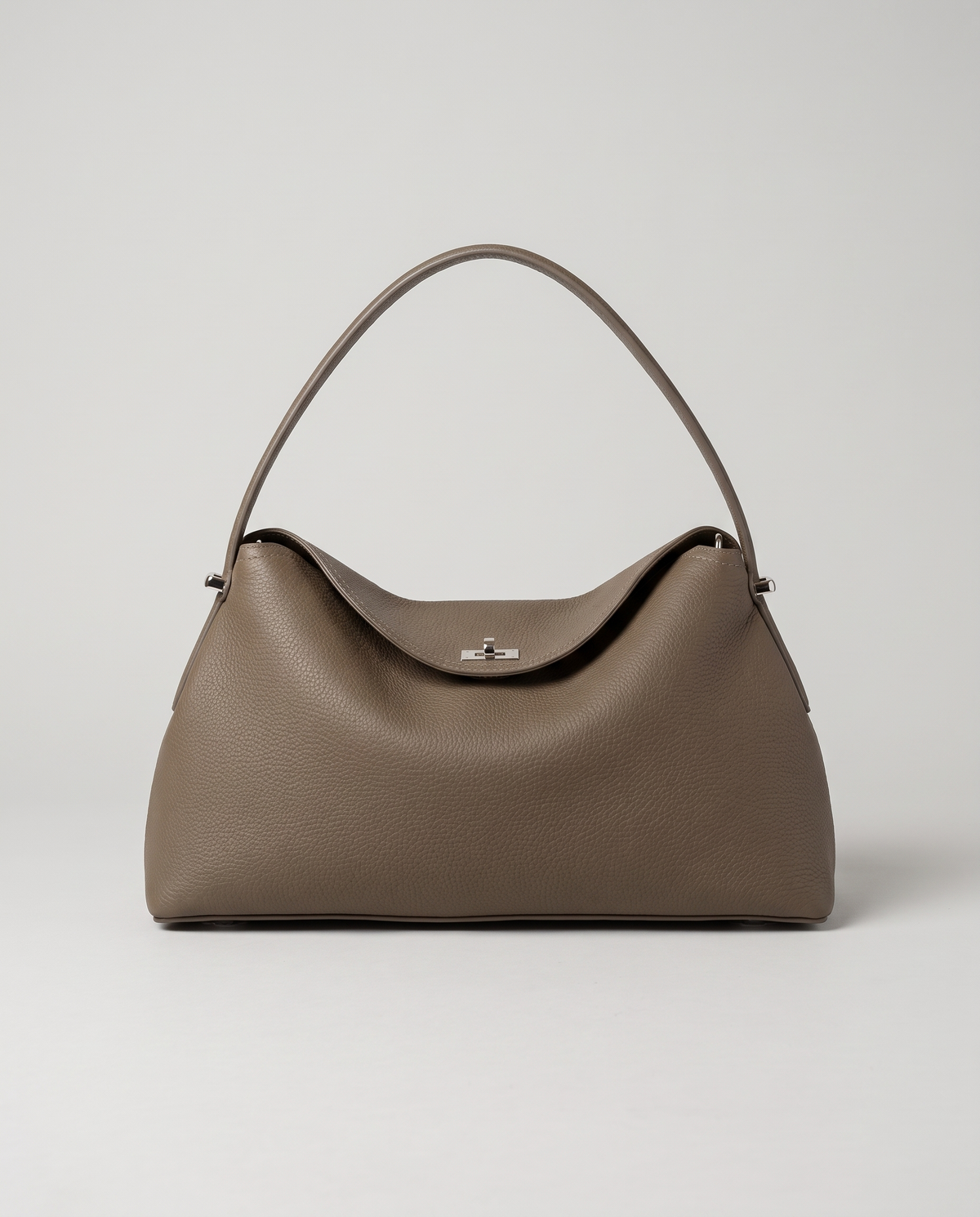Porto pebbled leather top-handle bag in taupe, front view