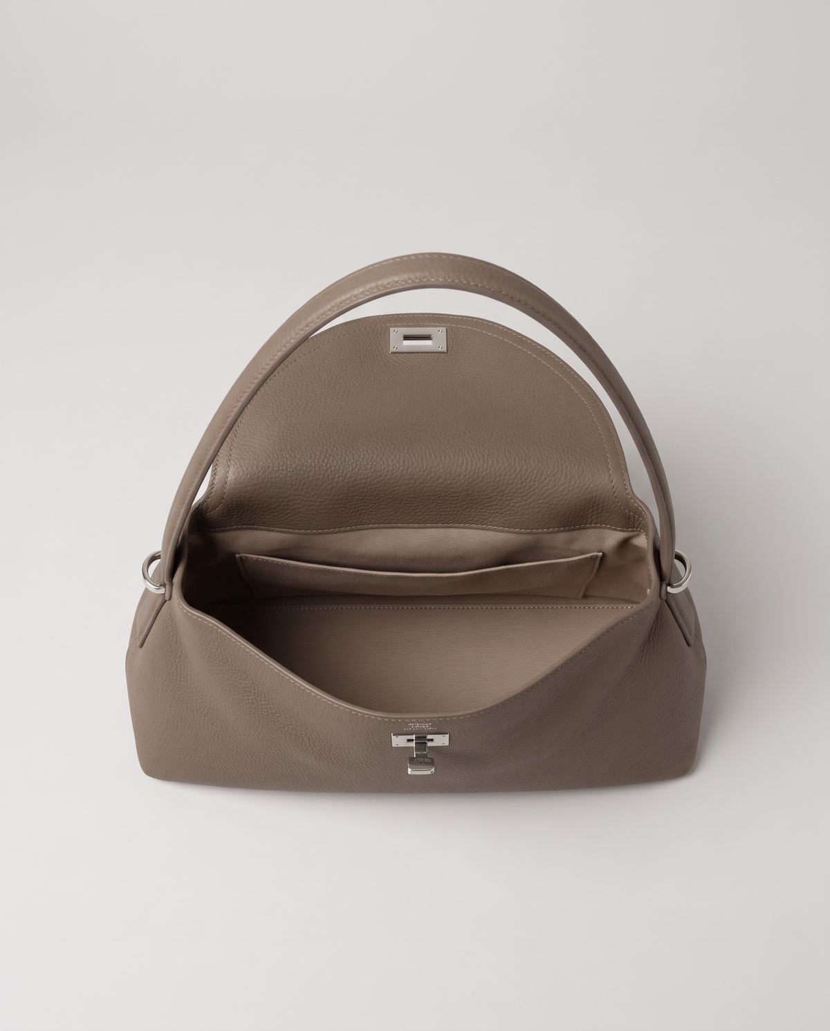 Porto top-handle bag in taupe, flap open showing interior