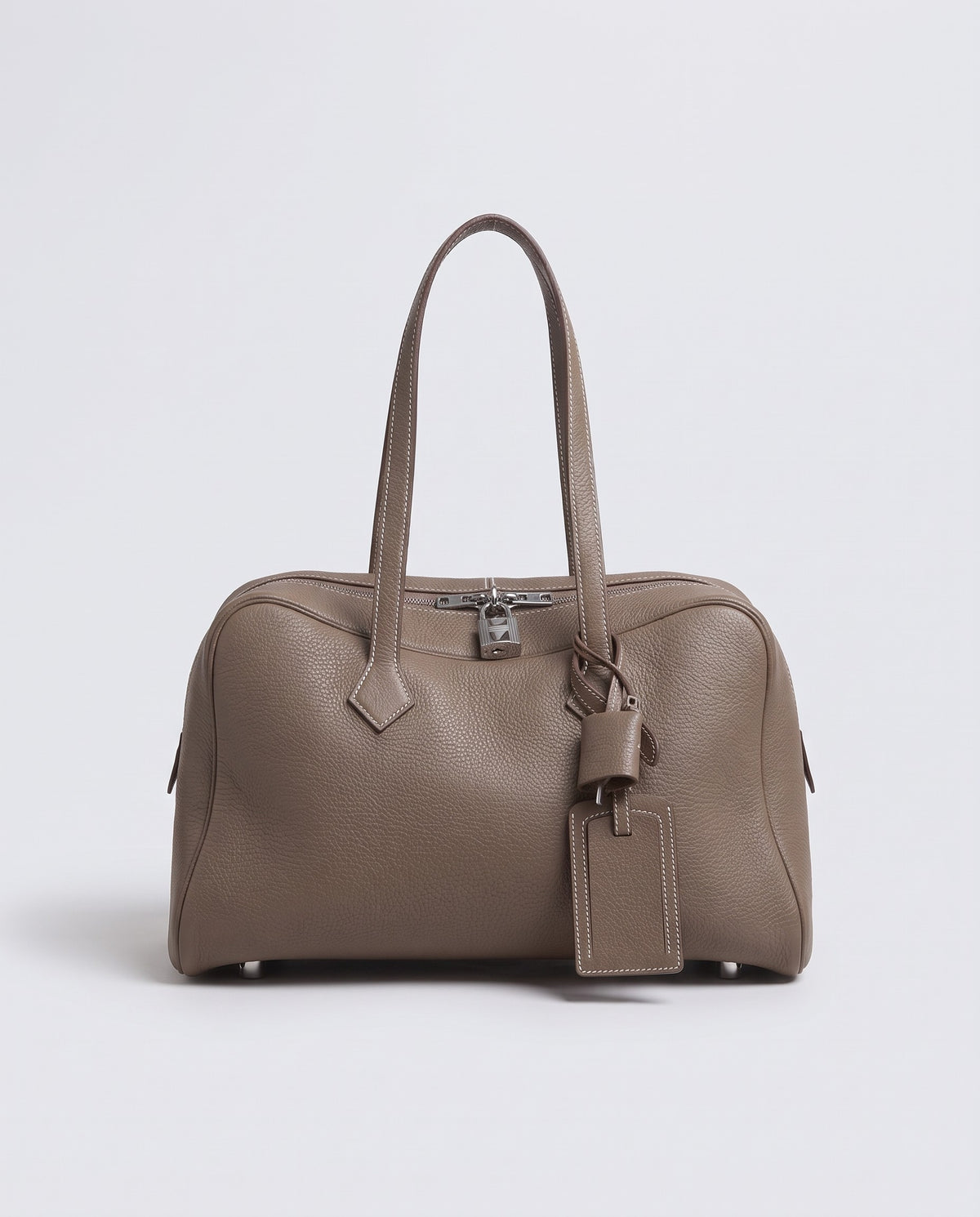 Portofino grained leather bowling bag in Taupe – front view