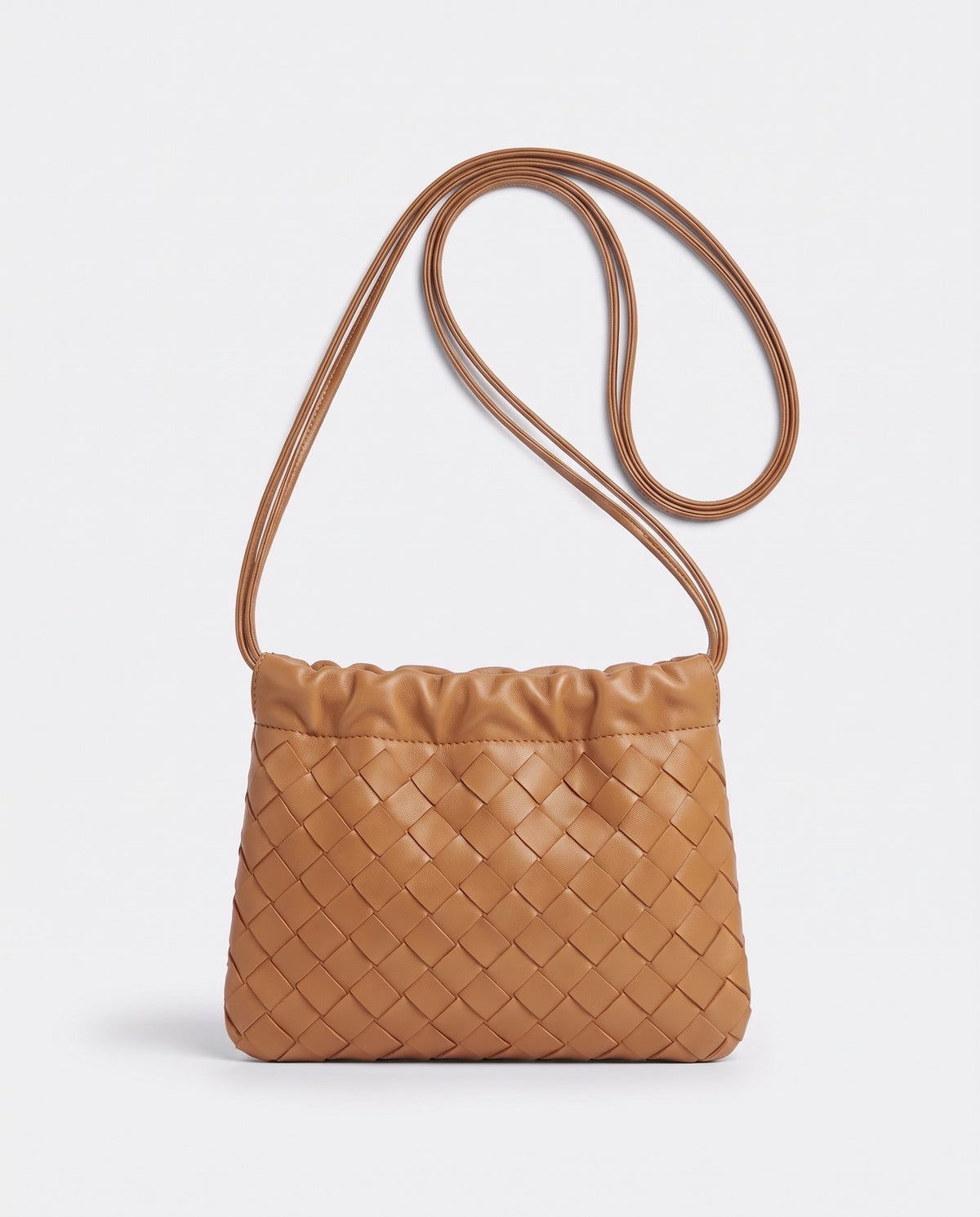 Serata woven leather clutch in Camel – back view