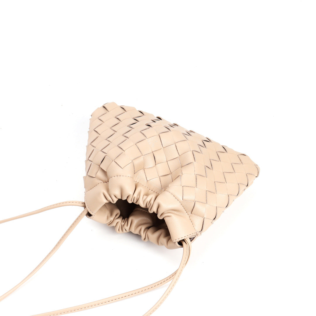 Slim Clutch (Andiamo) genuine leather woven bag in beige - drawstring pouch style