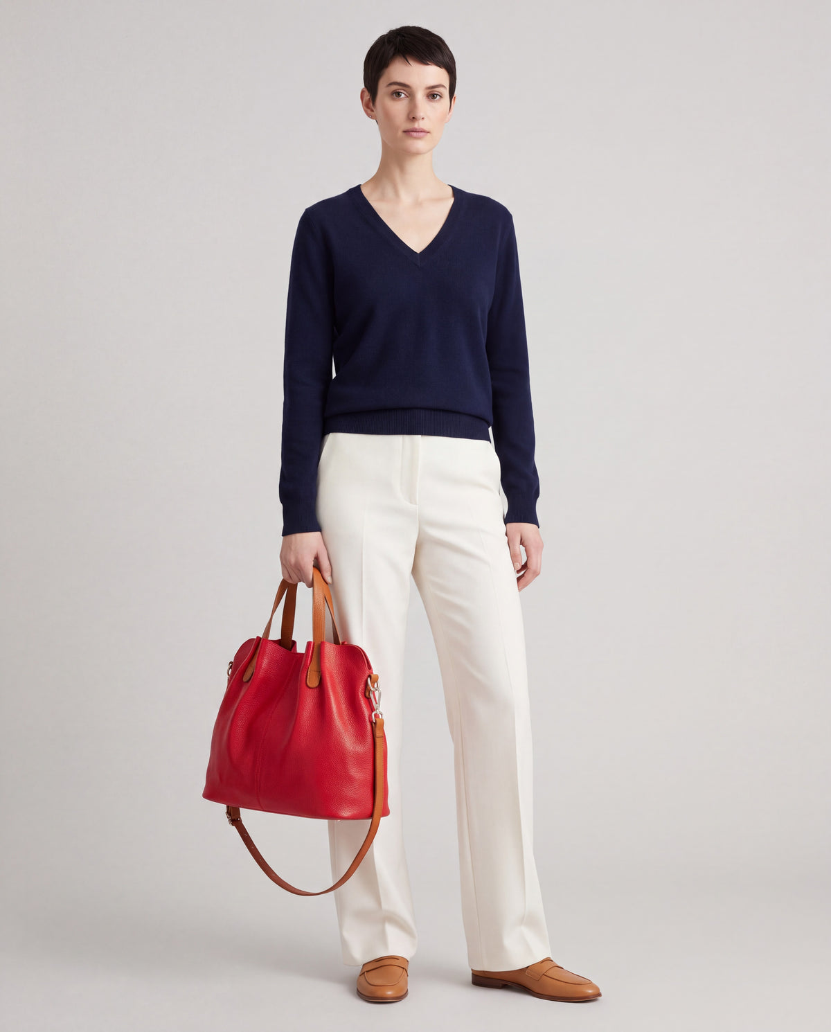 Soft Leather Tote Bag bag in Red – worn by model, full length