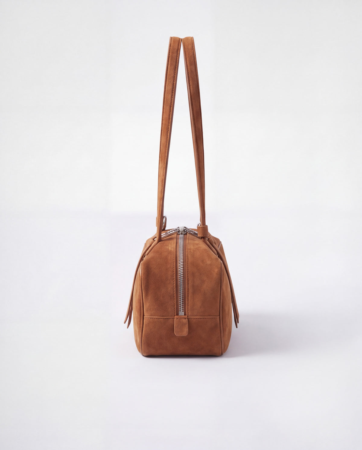 Valentina Linea suede shoulder bag in Brown, side view showing the end zip