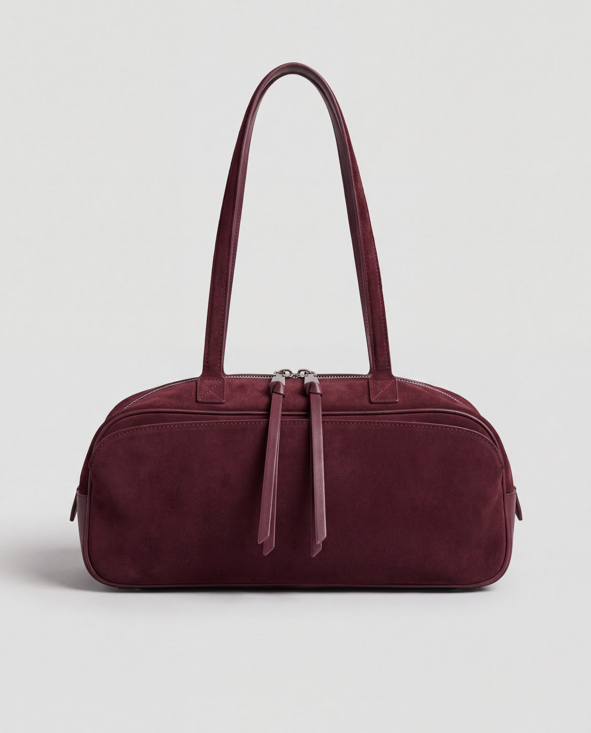 Valentina Linea east-west suede shoulder bag in Burgundy, front view