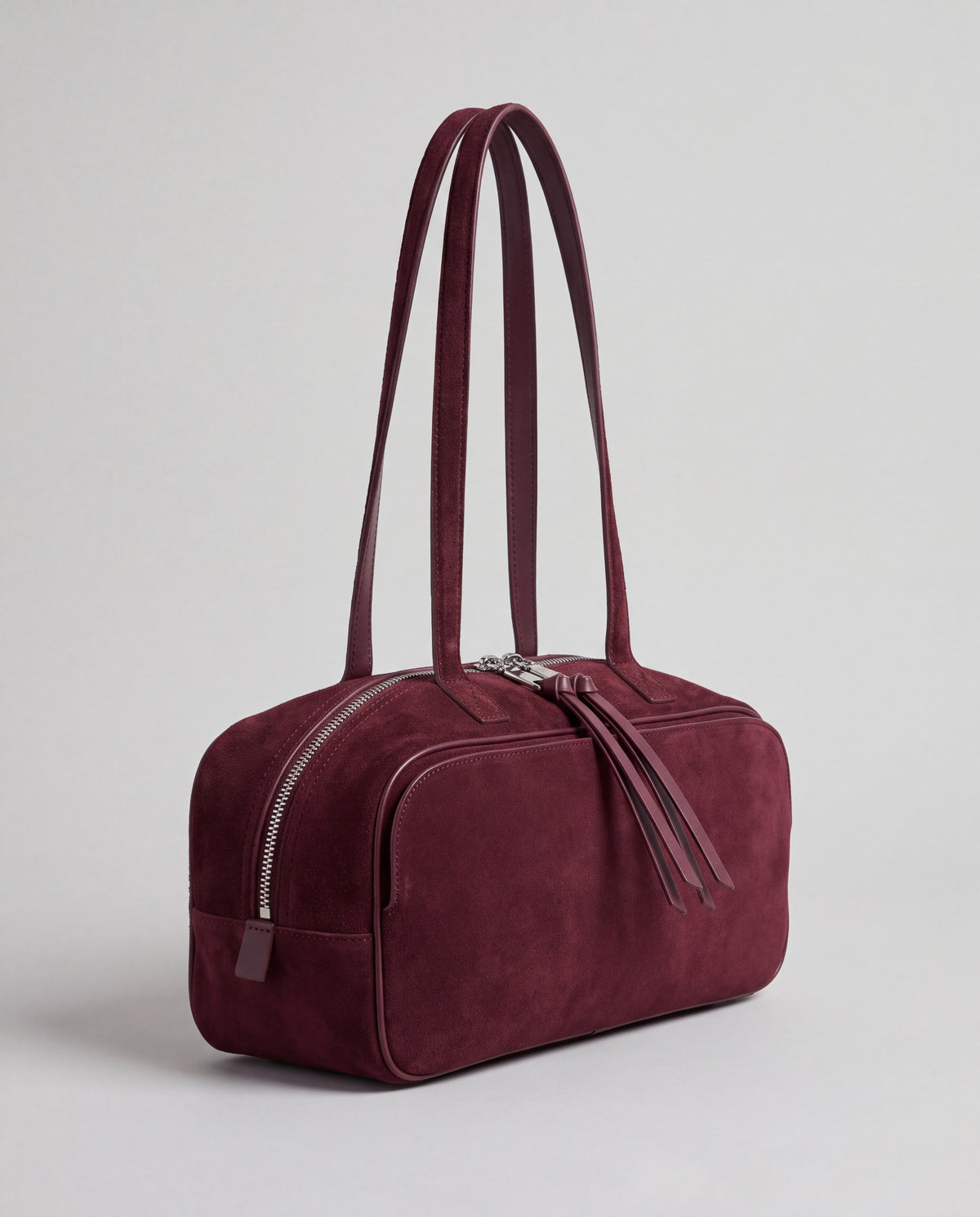 Valentina Linea east-west suede shoulder bag in Burgundy, side view