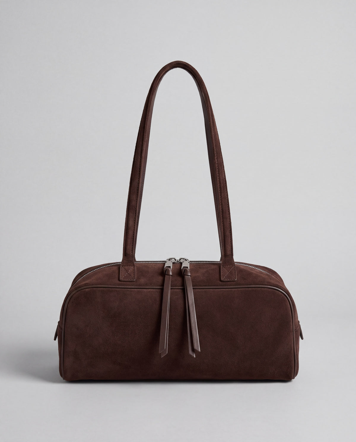 Valentina Linea east-west suede shoulder bag in Chocolate, front view
