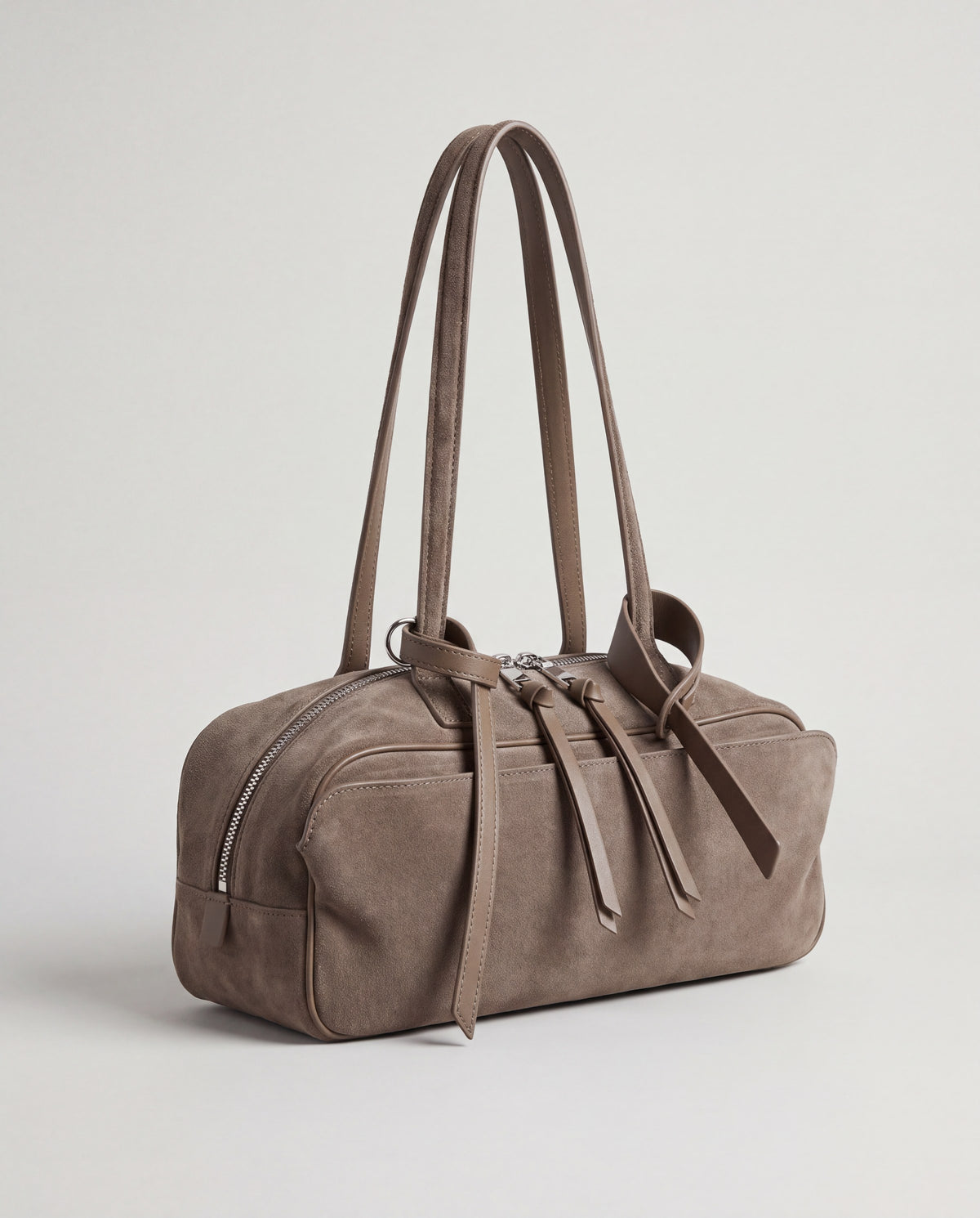 Valentina Linea east-west suede shoulder bag in Taupe, side view