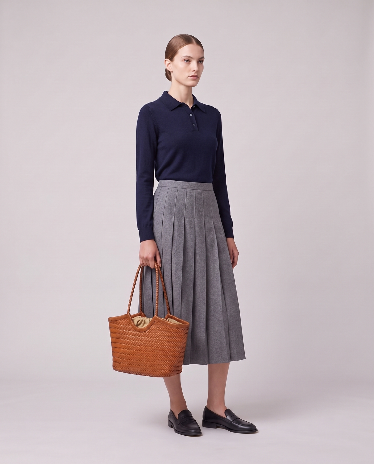 Model holding the Valentina Matera Small bag in Caramel, full length