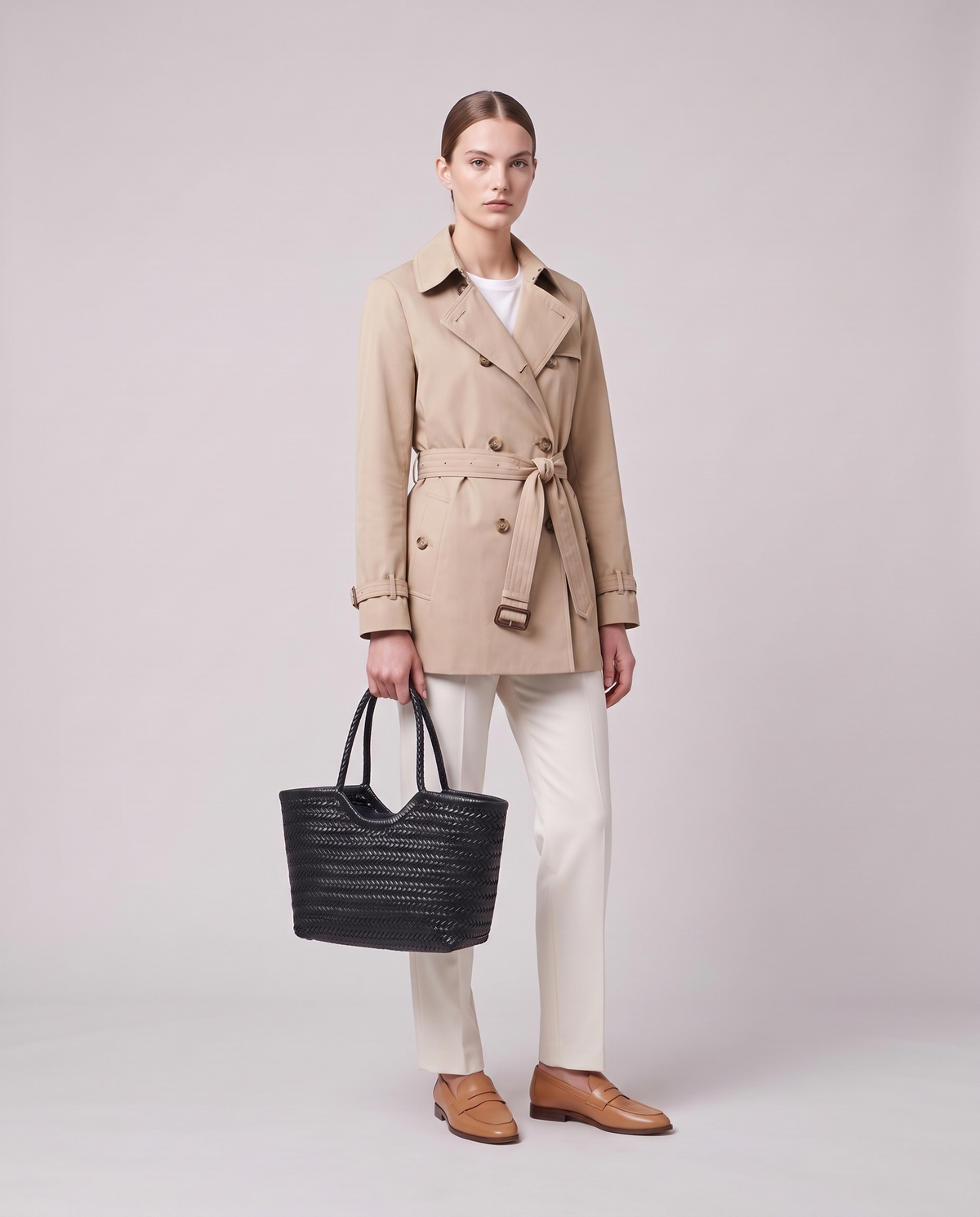Model holding the Valentina Noto Large bag in Black, full length