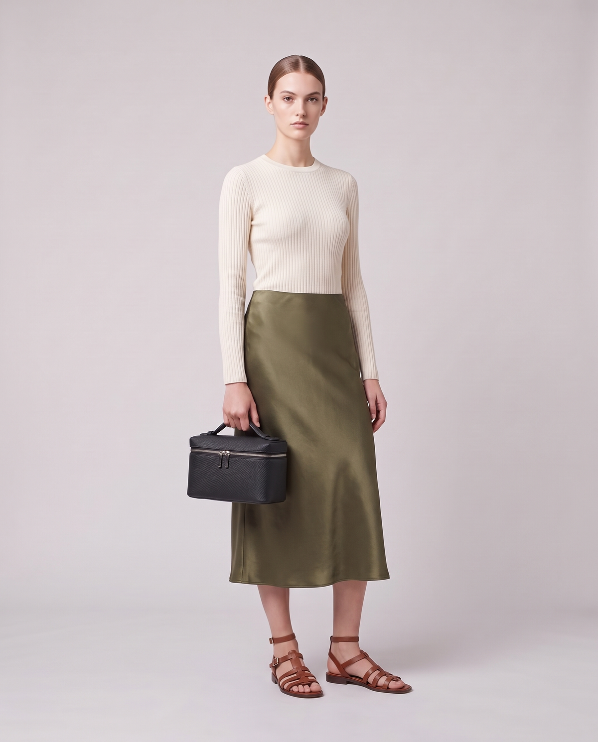 Model holding the Valentina Orvieto Small top-handle bag in Black leather, full length