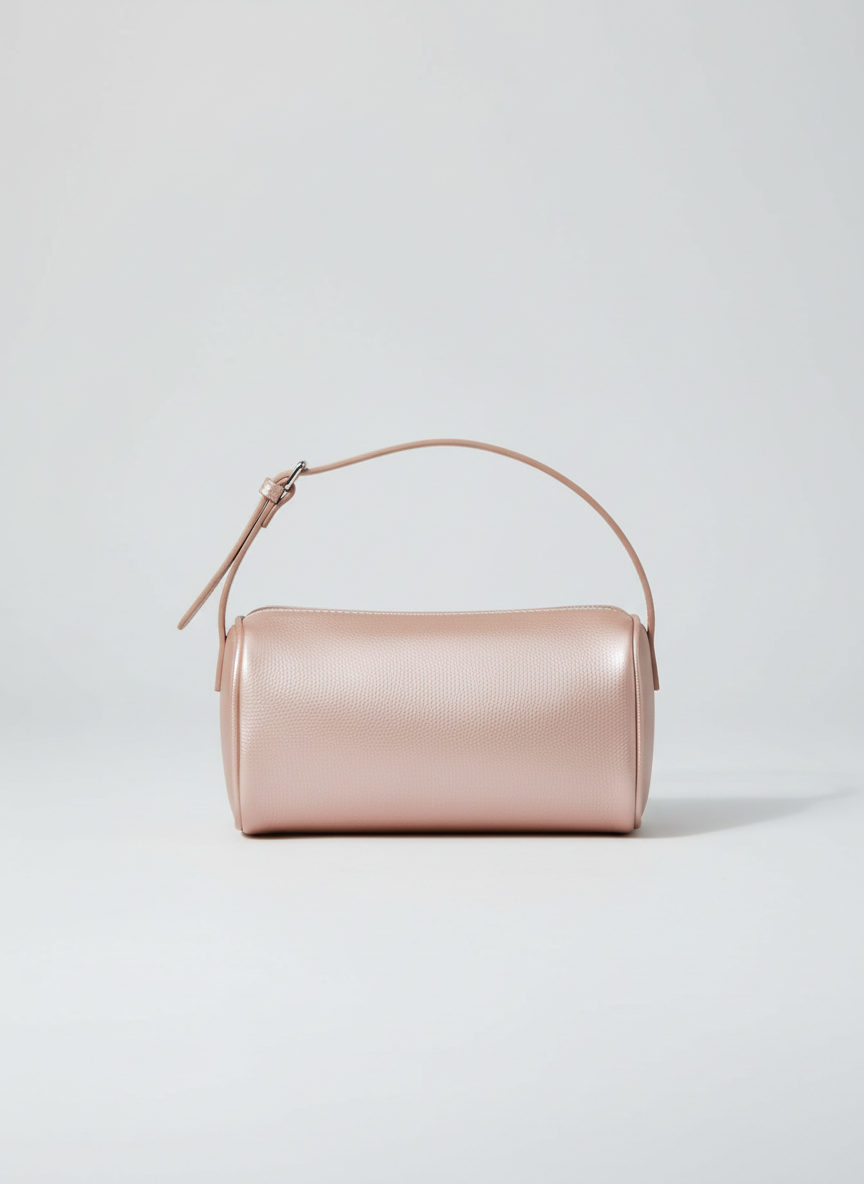 Valentina Roma barrel bag in blush pink pearlescent leather, front view