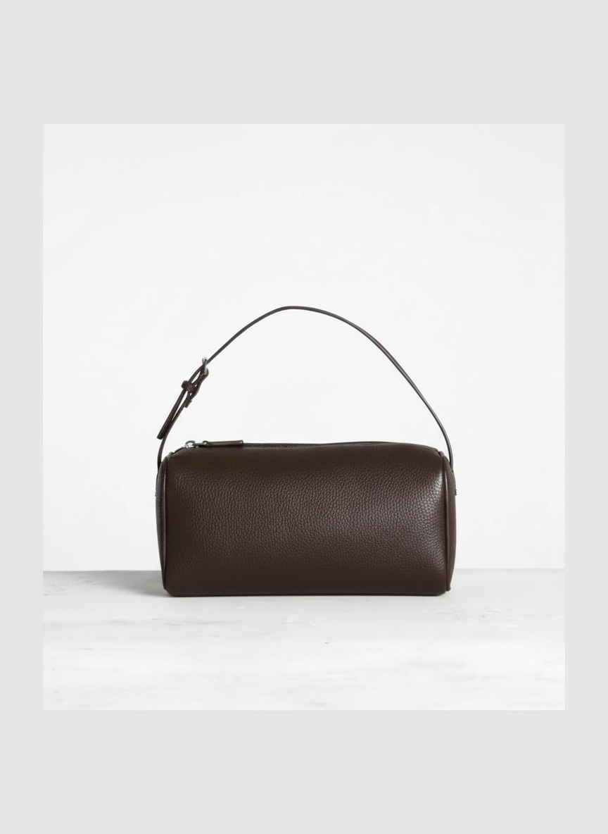 Valentina Roma barrel bag in espresso leather, front view