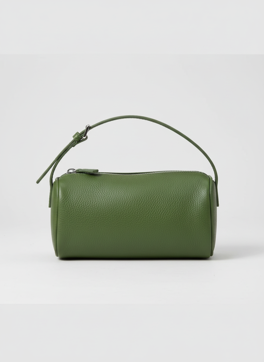 Valentina Roma barrel bag in green smooth leather, front view