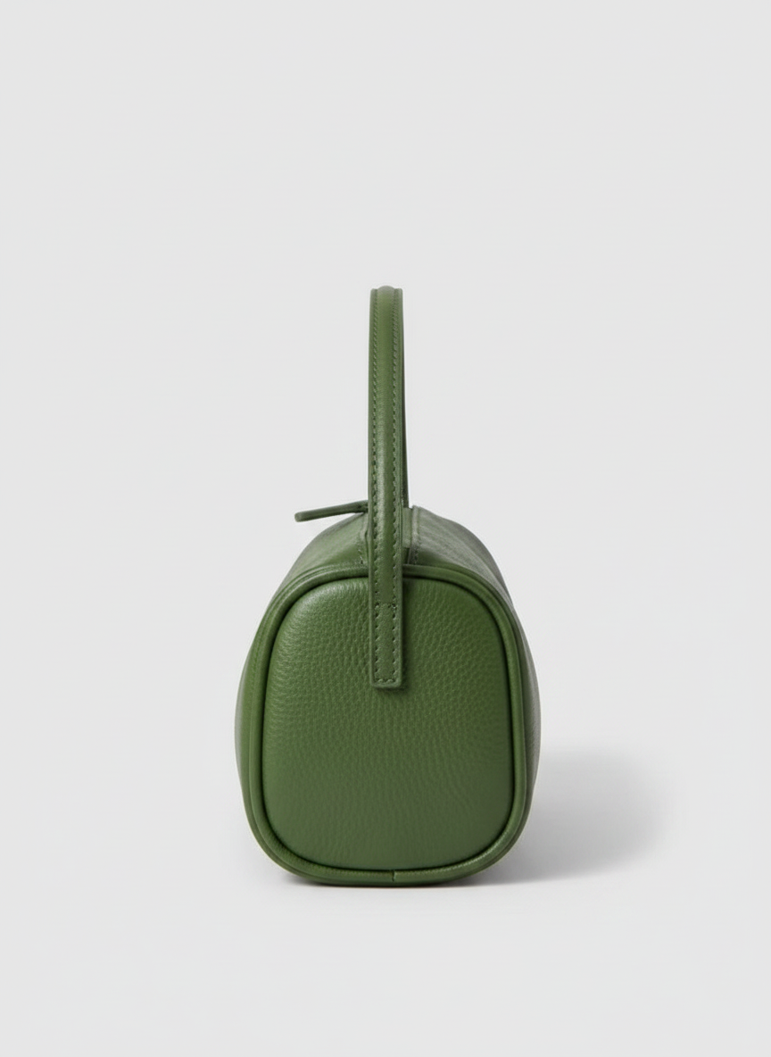 Valentina Roma barrel bag in green smooth leather, side view