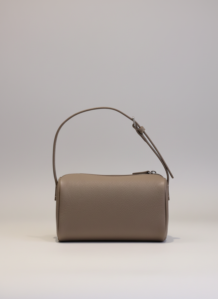Valentina Roma barrel bag in taupe pebbled leather, front view