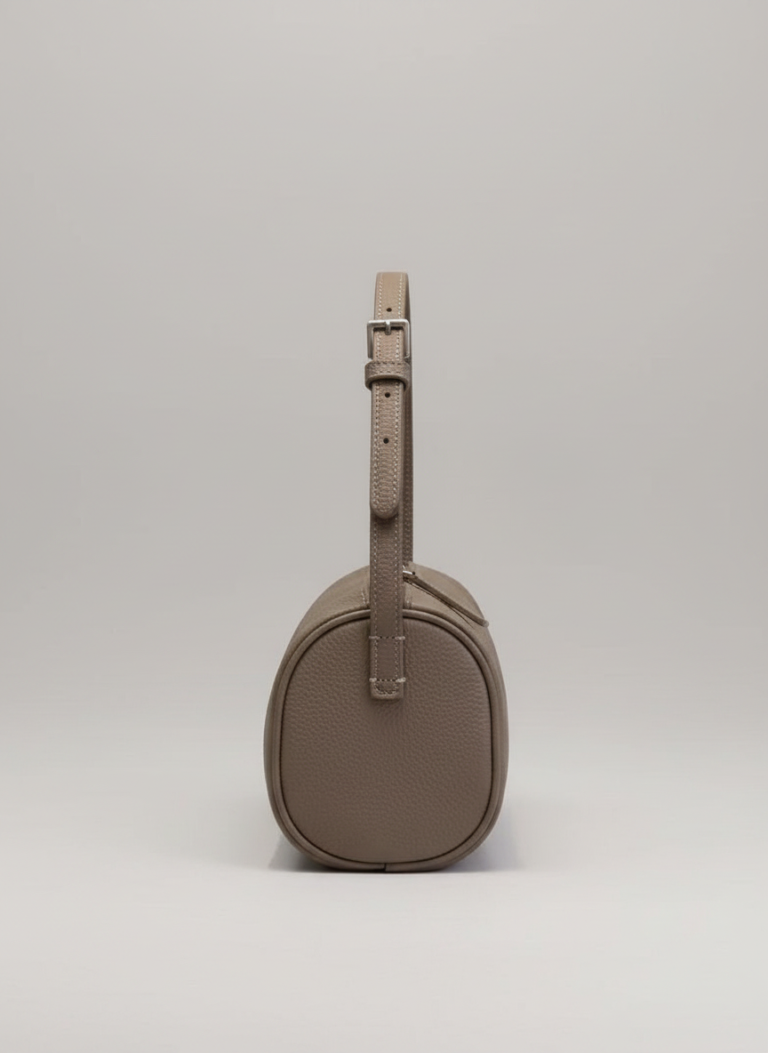 Valentina Roma barrel bag in taupe pebbled leather, side view