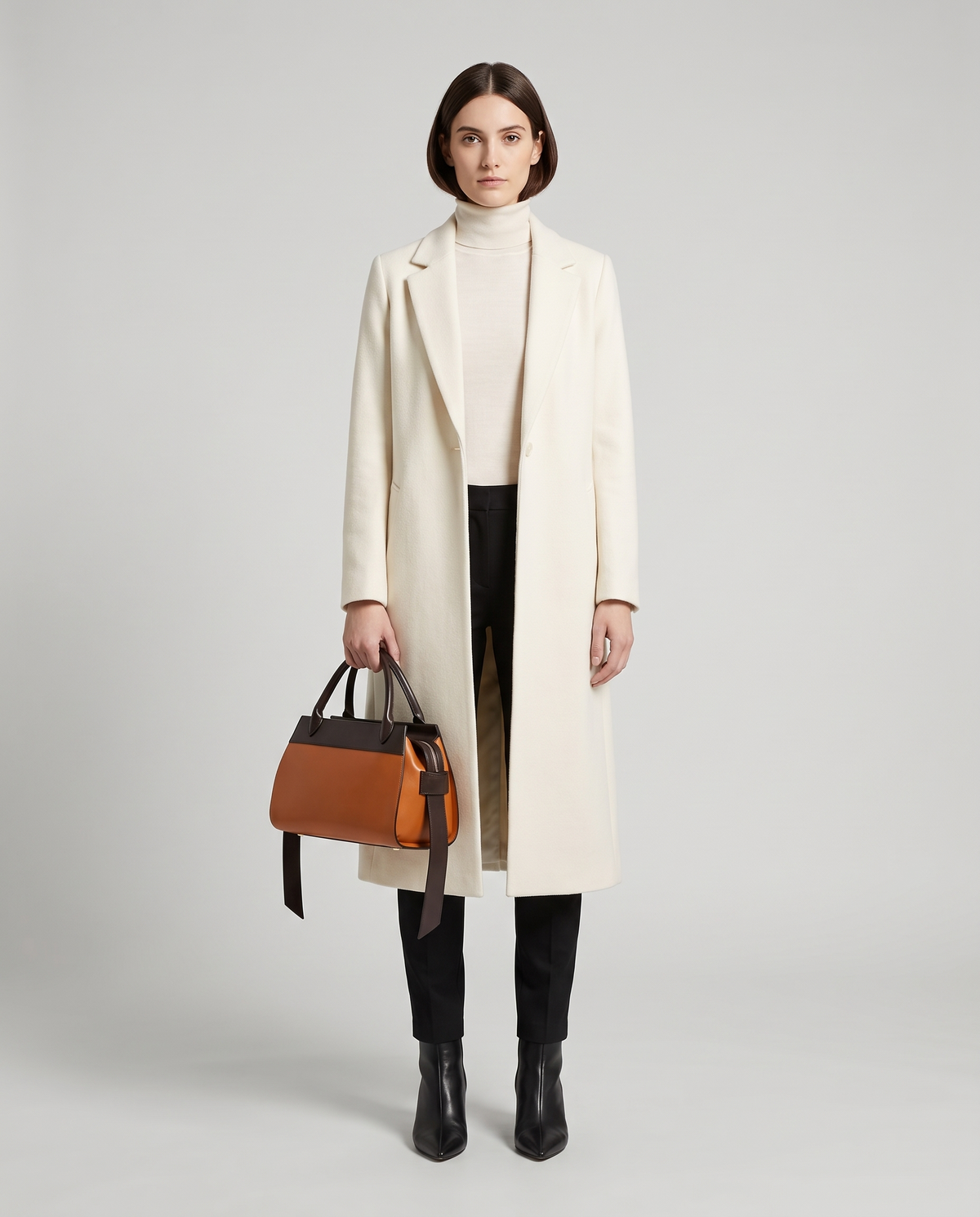 Patina two-tone leather handbag in Brown – model holding it by the top handles, full length