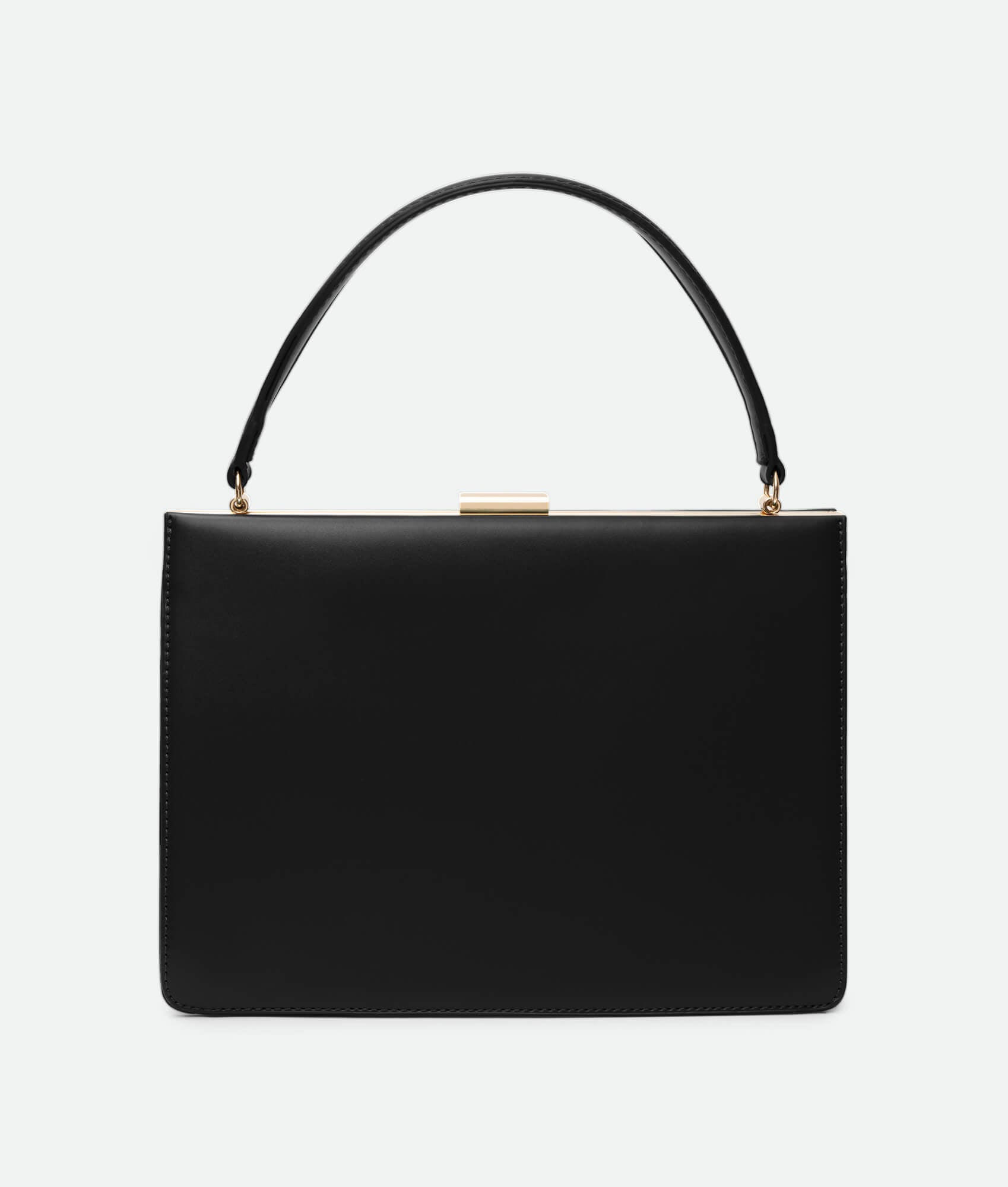 A black leather handbag with a structured shape and a metallic clasp.
