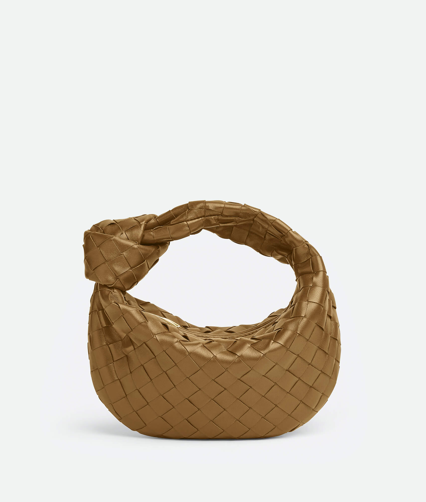 A brown woven handbag inspired by the Bottega Mini Jodie design, featuring a compact and rounded shape.