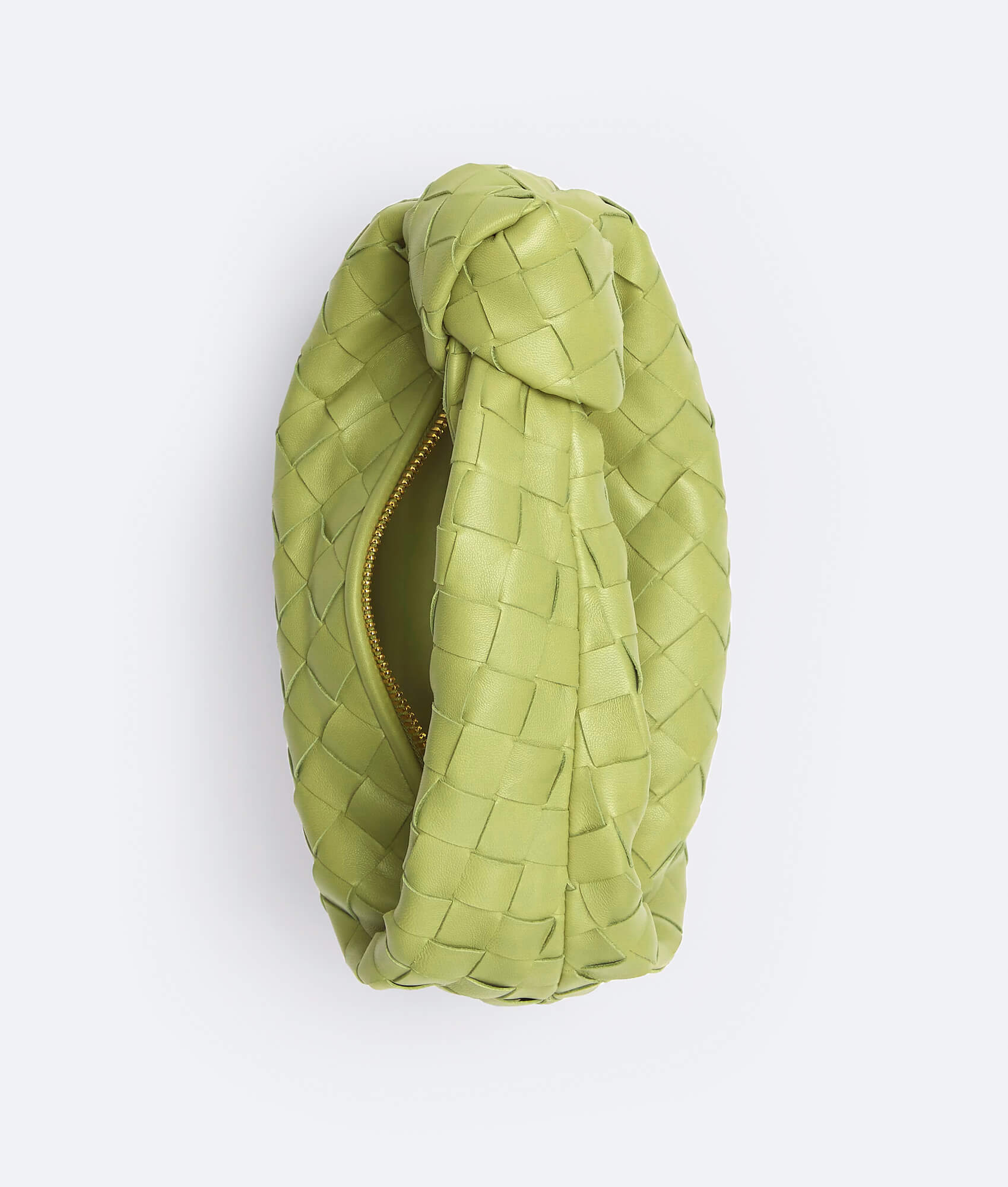 A green woven handbag inspired by the Bottega Mini Jodie design, featuring a compact and rounded shape.