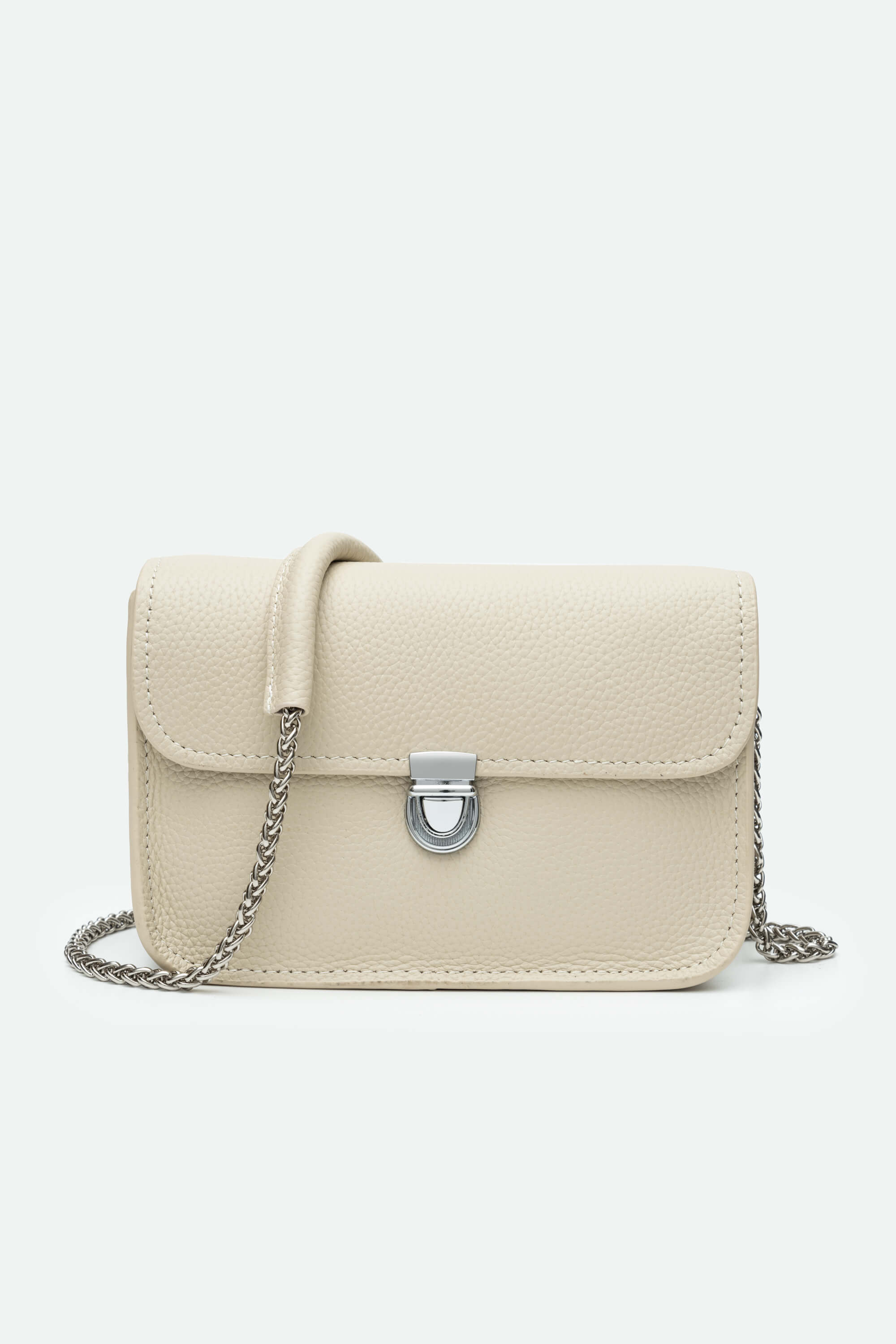 Beige handbag with a chain detail on a white background