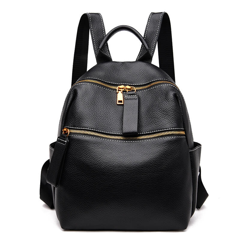 Black leather backpack with gold-tone hardware, featuring a front zipper pocket and adjustable straps.