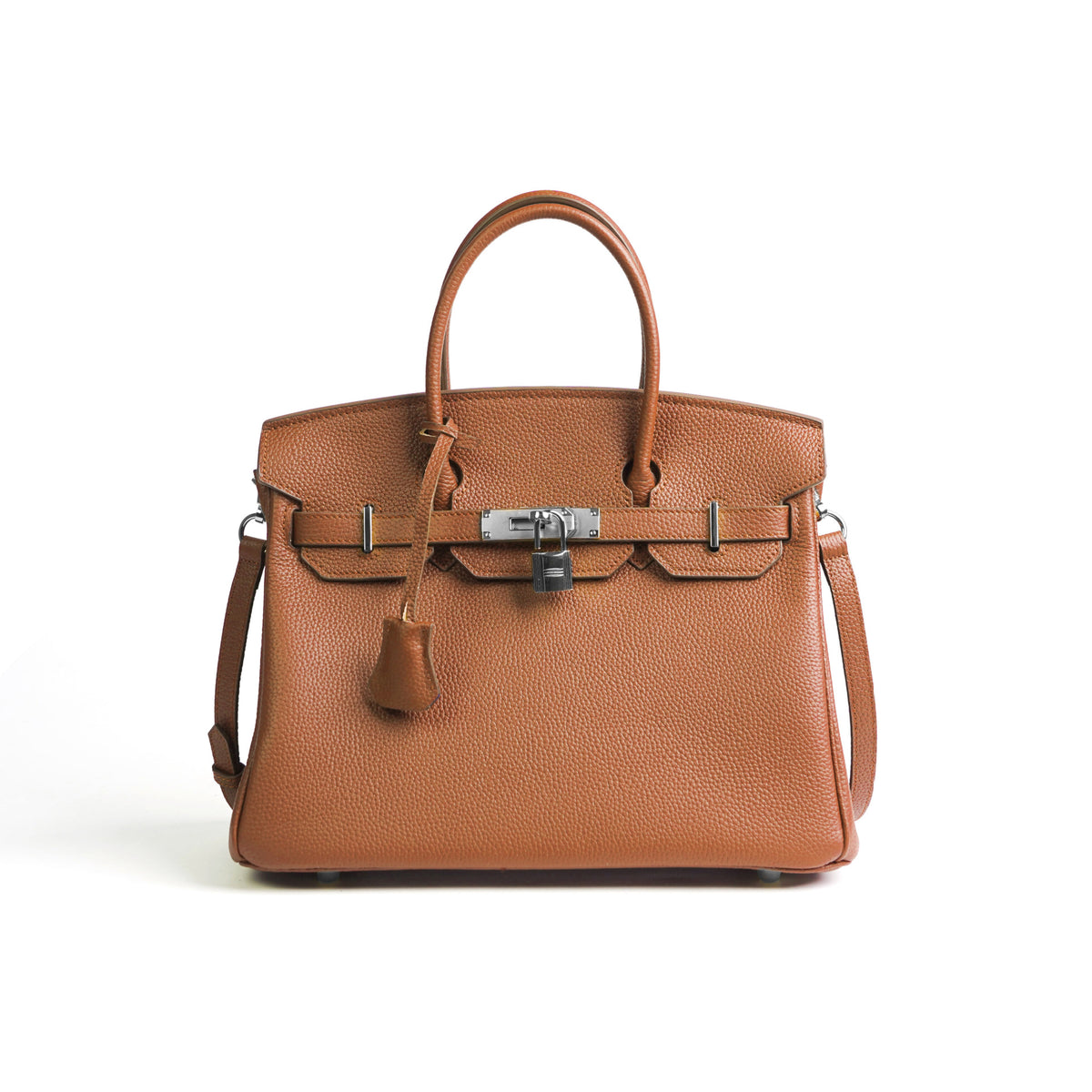 Brown handbag with silver hardware on a white background