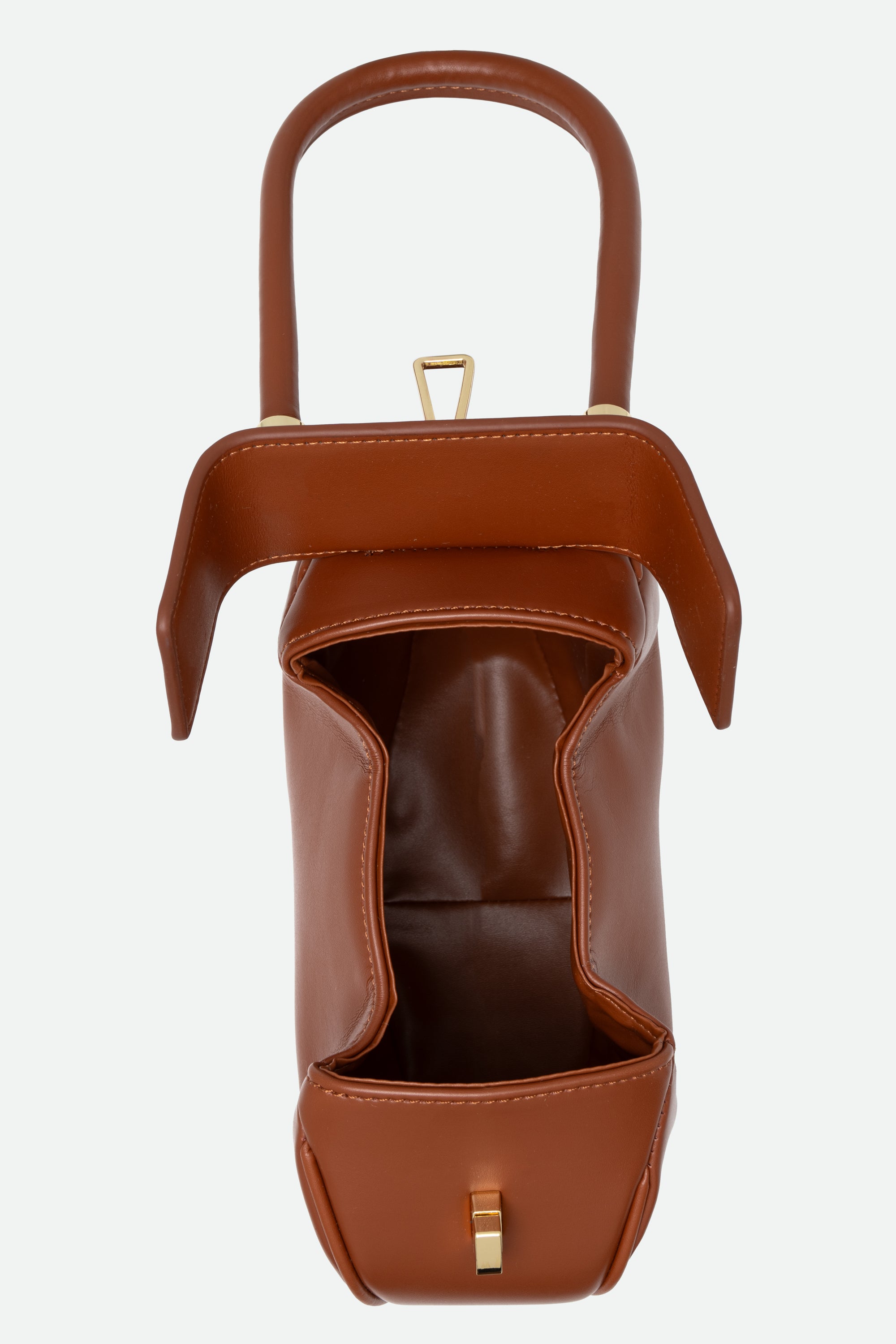Brown leather handbag with a handle on a white background