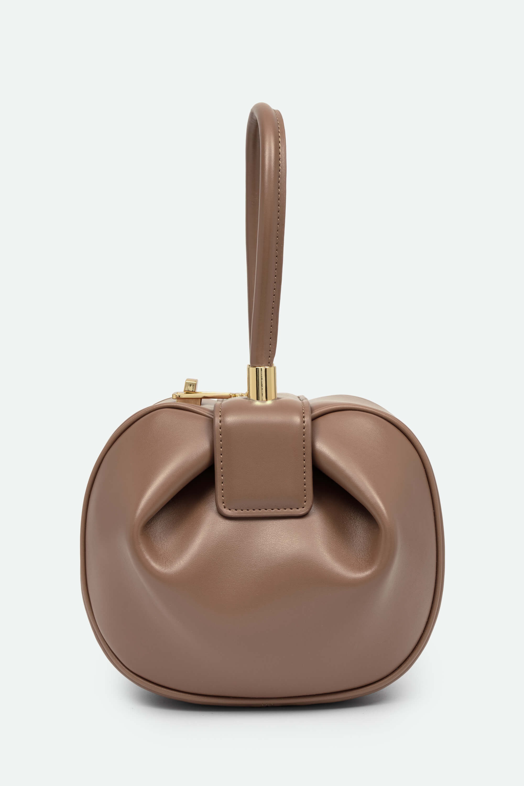 Brown handbag with a bow detail on a white background